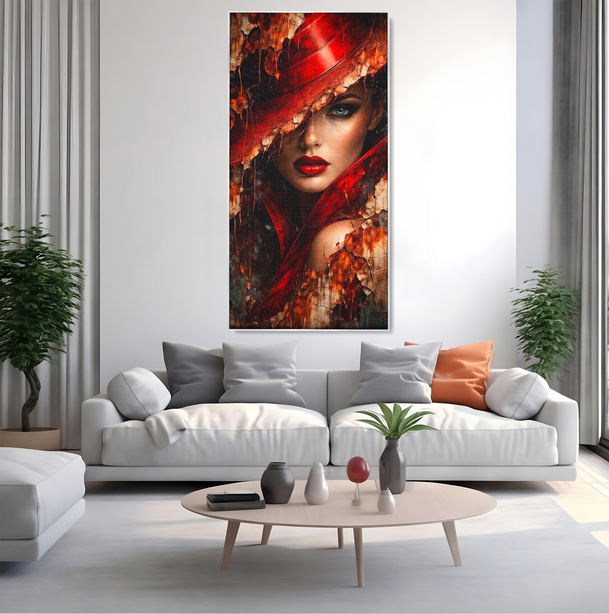 Tablou Canvas Premium LuxCanva® PI1018, Femeie Misterioasa, Portret, Rosu, Femeie, Mister, Arta, Living, Dormitor, Culori Vibrante