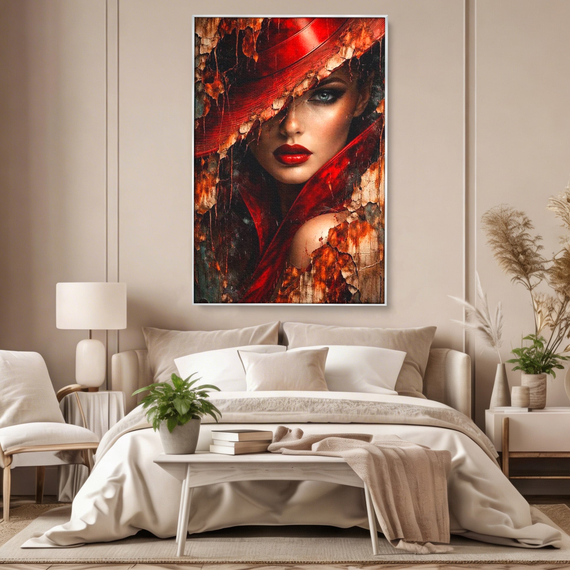 Tablou Canvas Premium LuxCanva® PI1018, Femeie Misterioasa, Portret, Rosu, Femeie, Mister, Arta, Living, Dormitor, Culori Vibrante