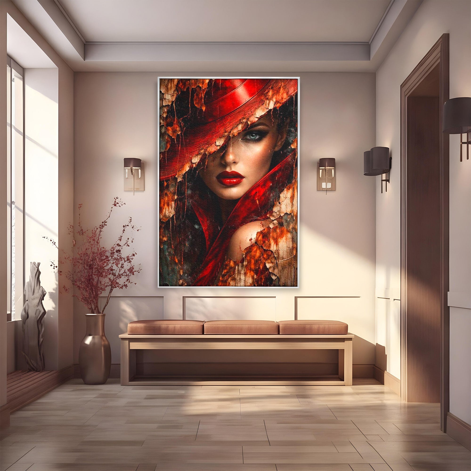 Tablou Canvas Premium LuxCanva® PI1018, Femeie Misterioasa, Portret, Rosu, Femeie, Mister, Arta, Living, Dormitor, Culori Vibrante