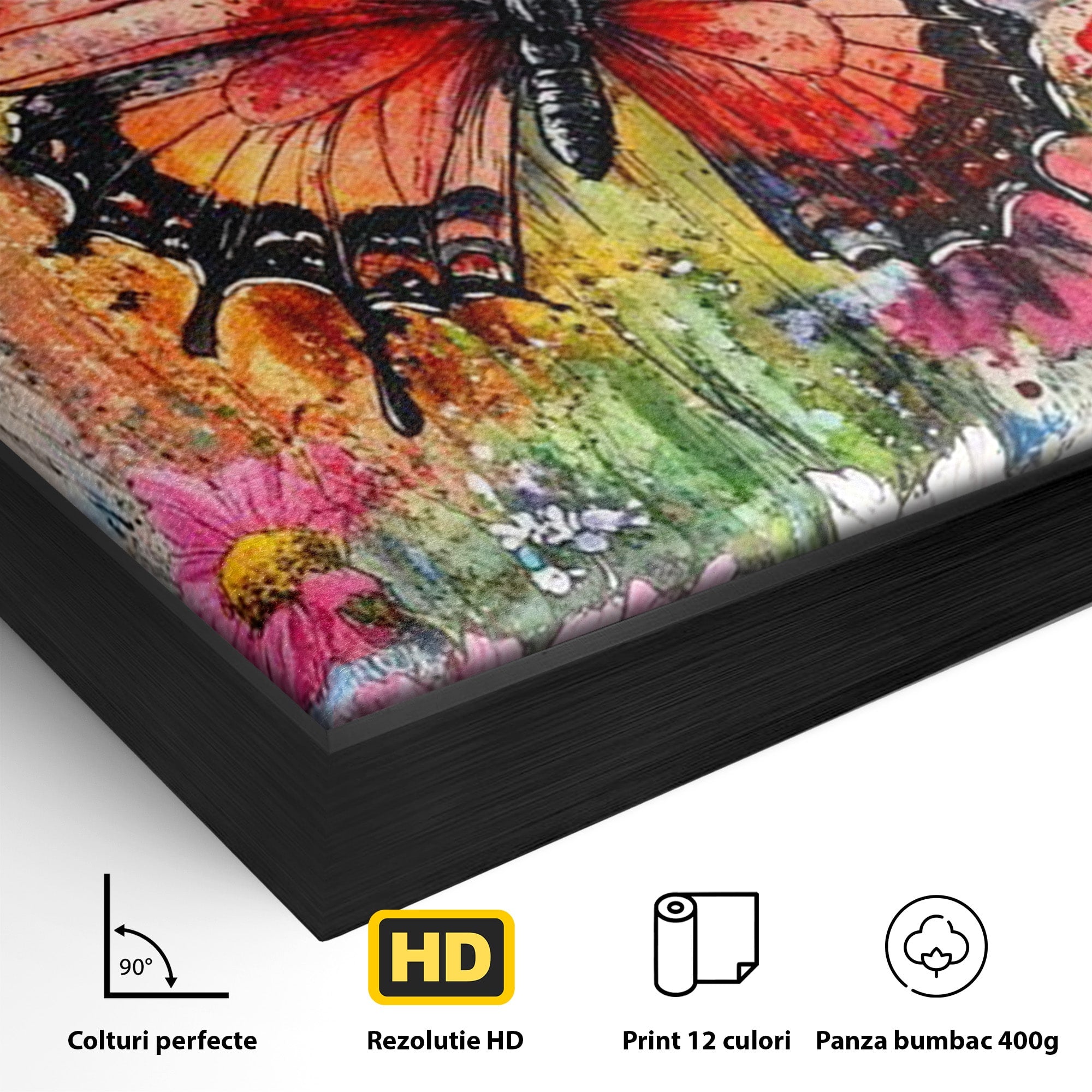 Tablou Canvas Premium LuxCanva® PI1019, Fluturi Colorati Pe Flori, Fluturi, Flori, Natura, Primavara, Living, Culori Vibrante