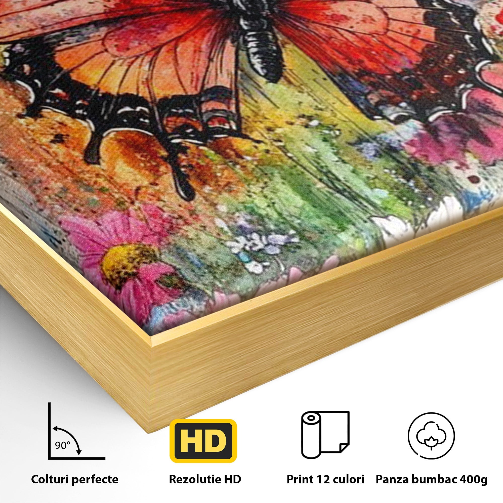 Tablou Canvas Premium LuxCanva® PI1019, Fluturi Colorati Pe Flori, Fluturi, Flori, Natura, Primavara, Living, Culori Vibrante