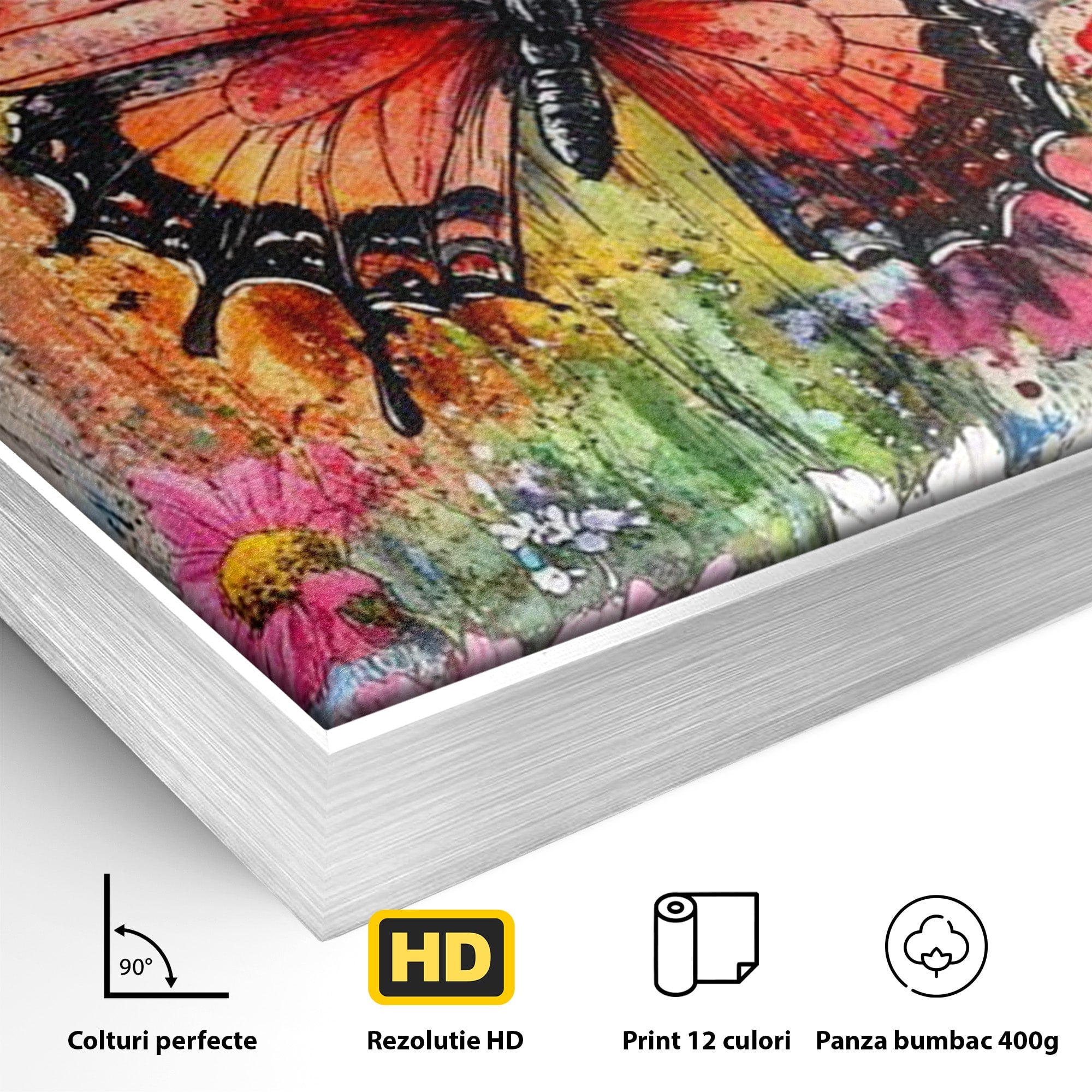 Tablou Canvas Premium LuxCanva® PI1019, Fluturi Colorati Pe Flori, Fluturi, Flori, Natura, Primavara, Living, Culori Vibrante