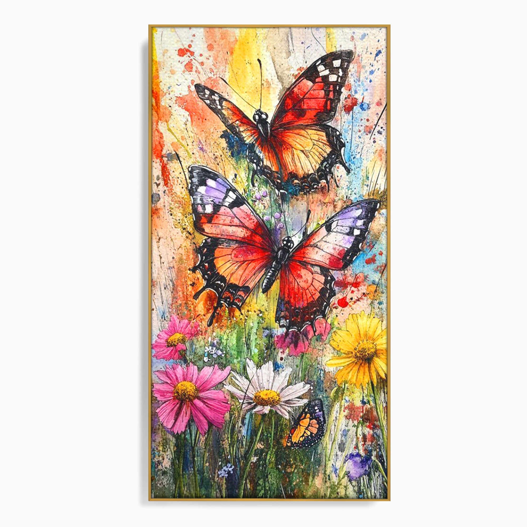 Tablou Canvas Premium LuxCanva® PI1019, Fluturi Colorati Pe Flori, Fluturi, Flori, Natura, Primavara, Living, Culori Vibrante