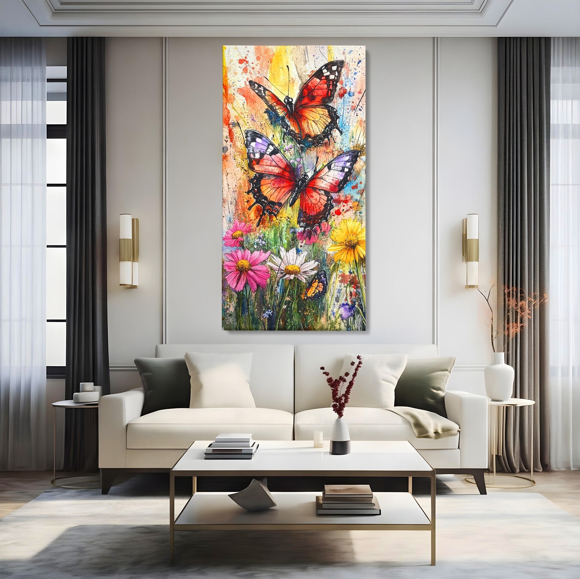 Tablou Canvas Premium LuxCanva® PI1019, Fluturi Colorati Pe Flori, Fluturi, Flori, Natura, Primavara, Living, Culori Vibrante