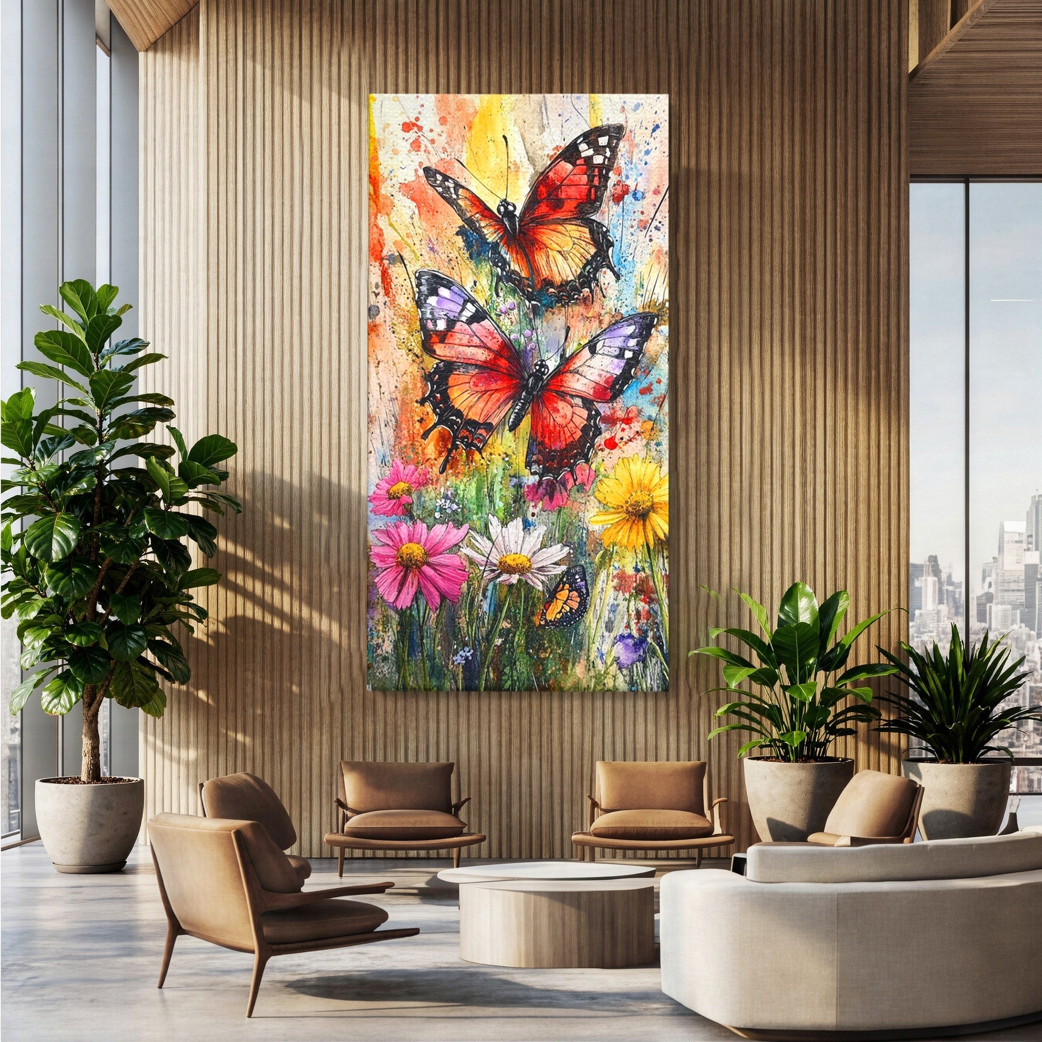 Tablou Canvas Premium LuxCanva® PI1019, Fluturi Colorati Pe Flori, Fluturi, Flori, Natura, Primavara, Living, Culori Vibrante