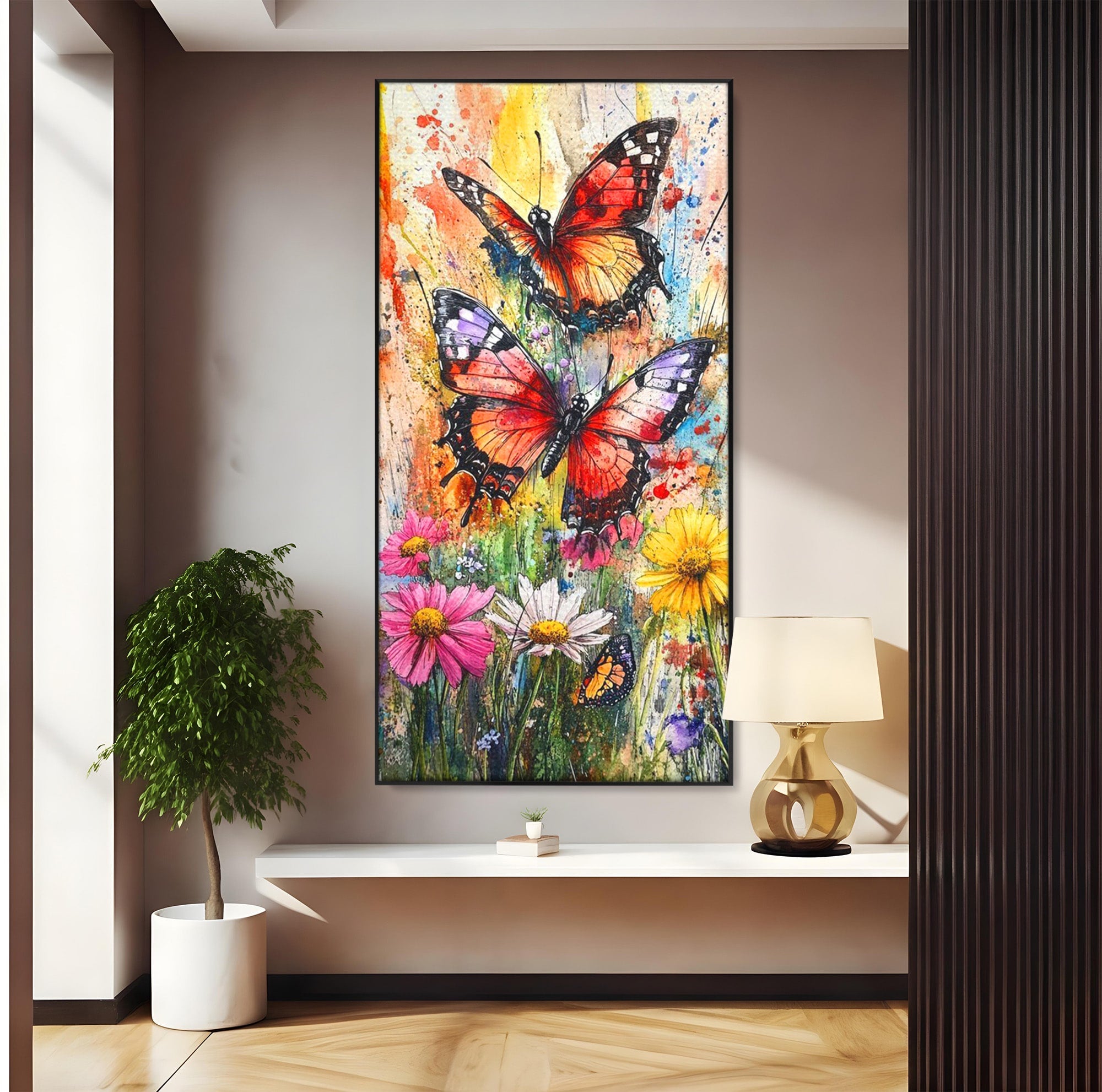Tablou Canvas Premium LuxCanva® PI1019, Fluturi Colorati Pe Flori, Fluturi, Flori, Natura, Primavara, Living, Culori Vibrante