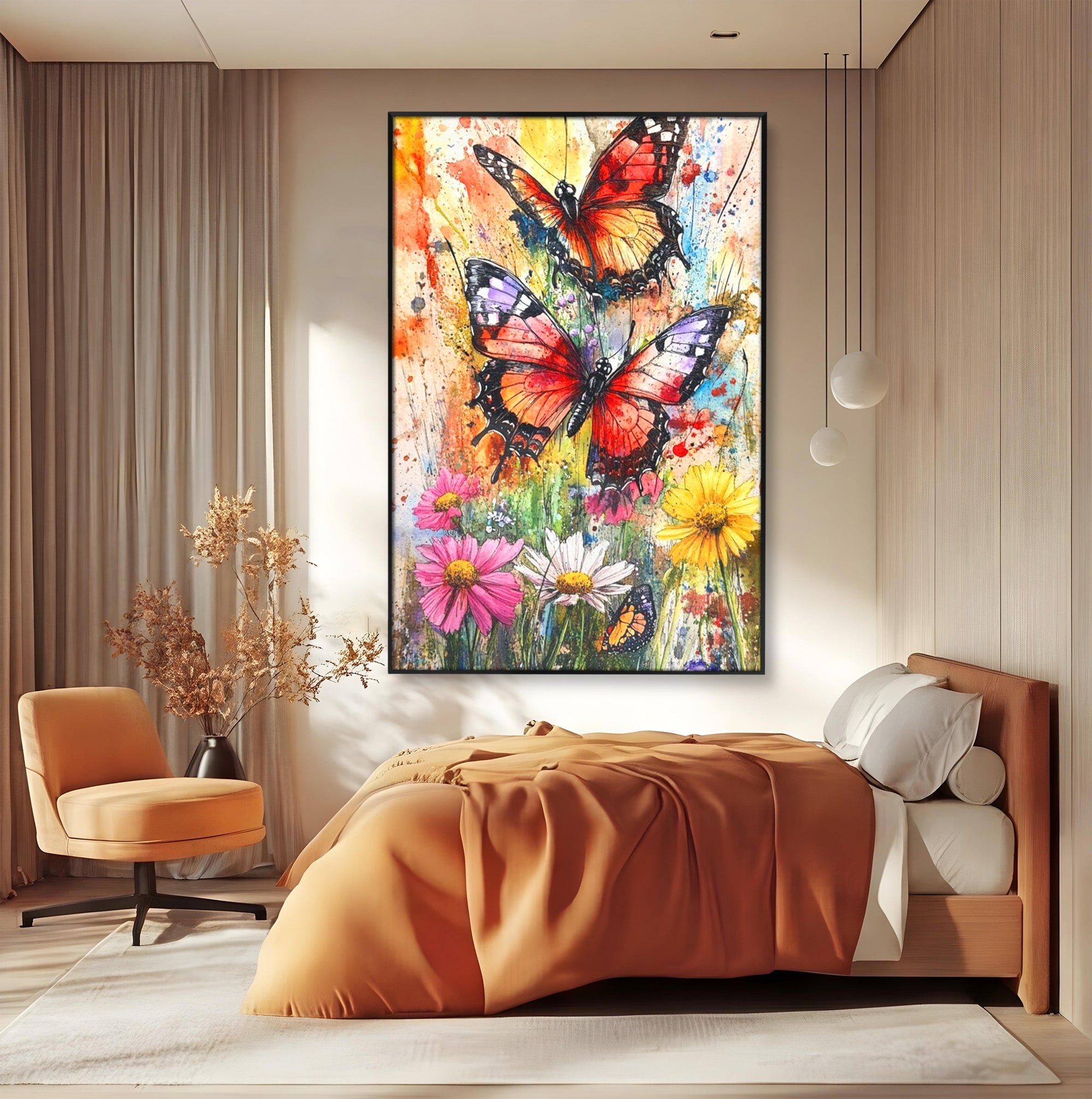 Tablou Canvas Premium LuxCanva® PI1019, Fluturi Colorati Pe Flori, Fluturi, Flori, Natura, Primavara, Living, Culori Vibrante