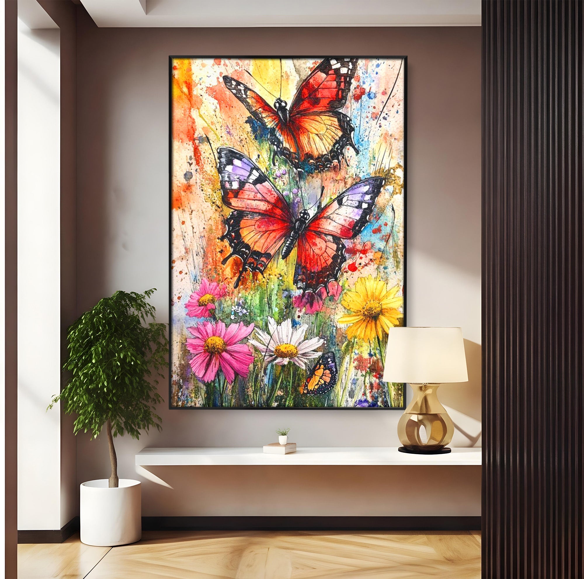 Tablou Canvas Premium LuxCanva® PI1019, Fluturi Colorati Pe Flori, Fluturi, Flori, Natura, Primavara, Living, Culori Vibrante