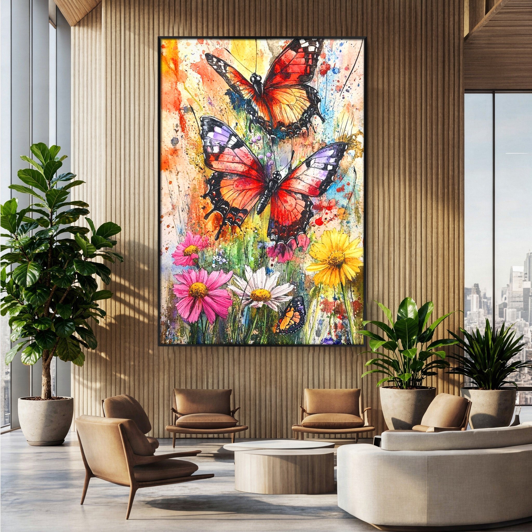 Tablou Canvas Premium LuxCanva® PI1019, Fluturi Colorati Pe Flori, Fluturi, Flori, Natura, Primavara, Living, Culori Vibrante