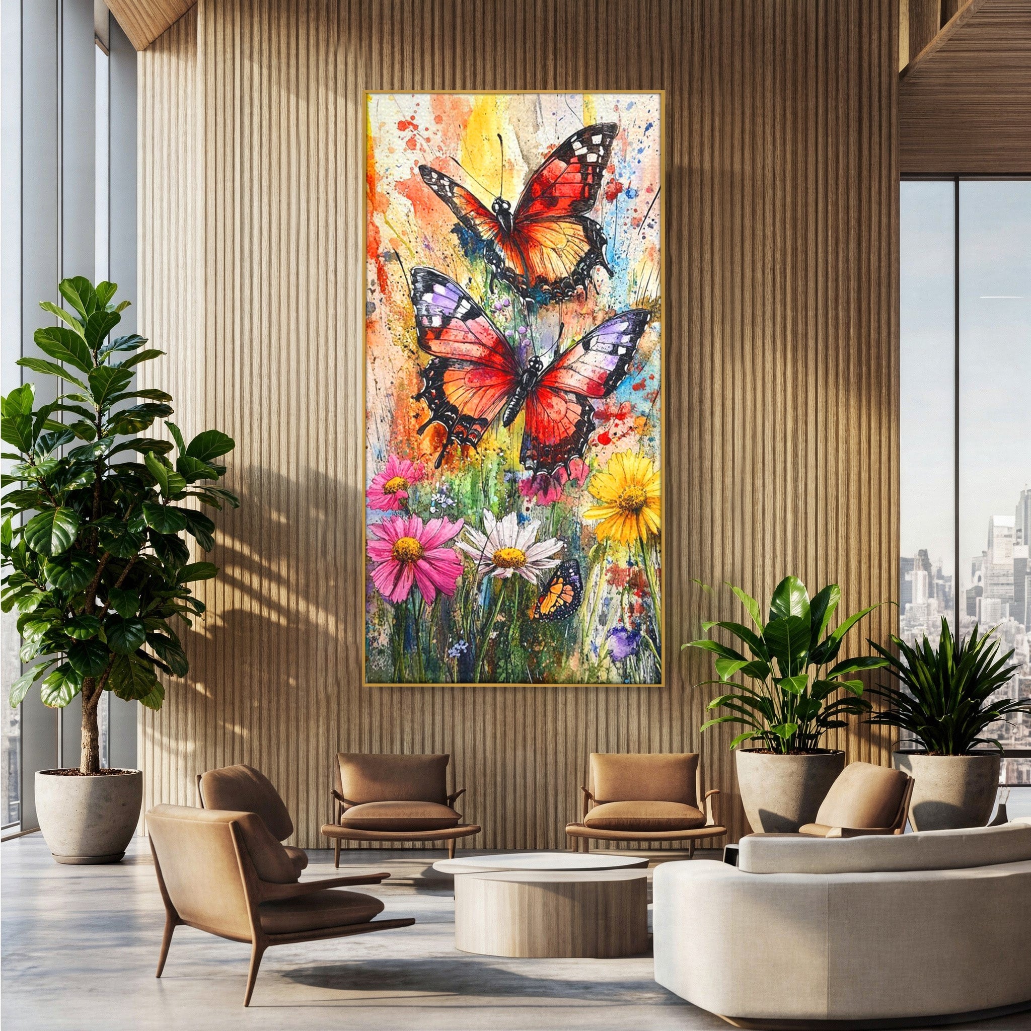 Tablou Canvas Premium LuxCanva® PI1019, Fluturi Colorati Pe Flori, Fluturi, Flori, Natura, Primavara, Living, Culori Vibrante
