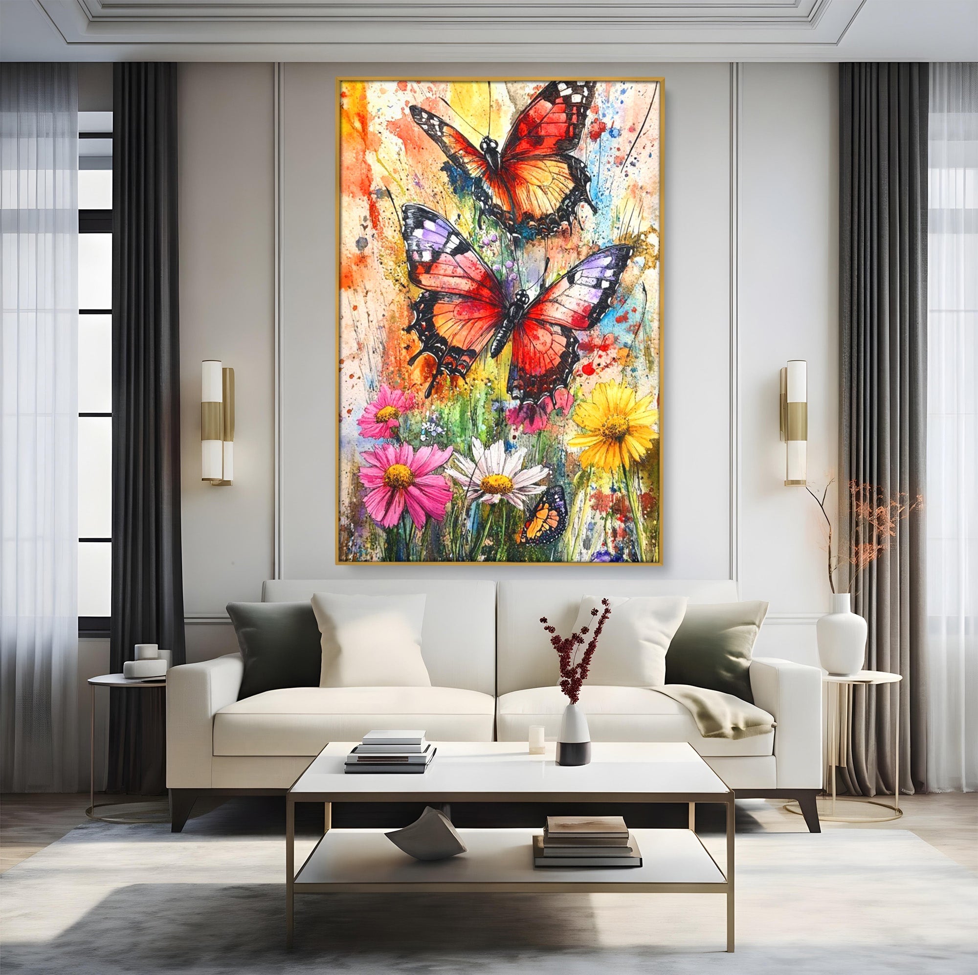 Tablou Canvas Premium LuxCanva® PI1019, Fluturi Colorati Pe Flori, Fluturi, Flori, Natura, Primavara, Living, Culori Vibrante