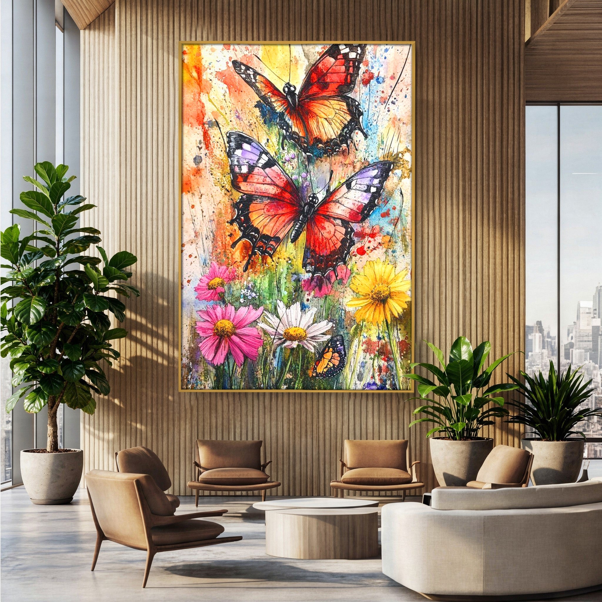 Tablou Canvas Premium LuxCanva® PI1019, Fluturi Colorati Pe Flori, Fluturi, Flori, Natura, Primavara, Living, Culori Vibrante