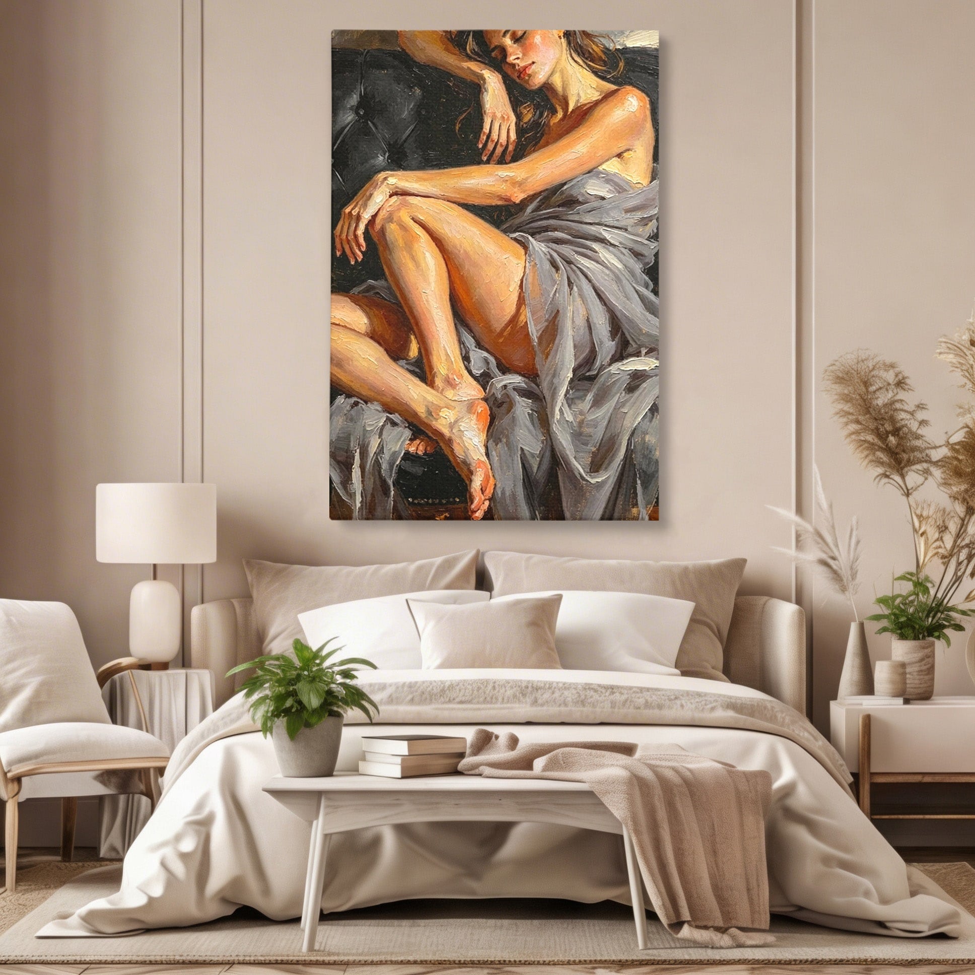 Tablou Canvas Premium LuxCanva® PI1022, Visare Pe Canapea, Femeie, Portret, Relaxare, Dormitor, Arta, Culori Vibrante
