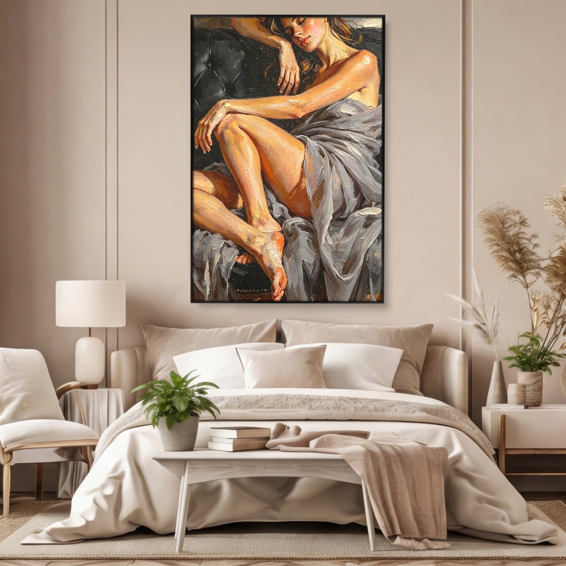Tablou Canvas Premium LuxCanva® PI1022, Visare Pe Canapea, Femeie, Portret, Relaxare, Dormitor, Arta, Culori Vibrante