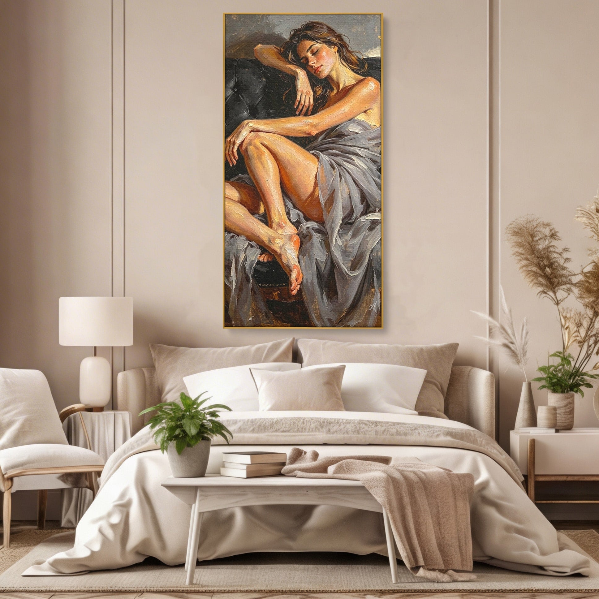 Tablou Canvas Premium LuxCanva® PI1022, Visare Pe Canapea, Femeie, Portret, Relaxare, Dormitor, Arta, Culori Vibrante
