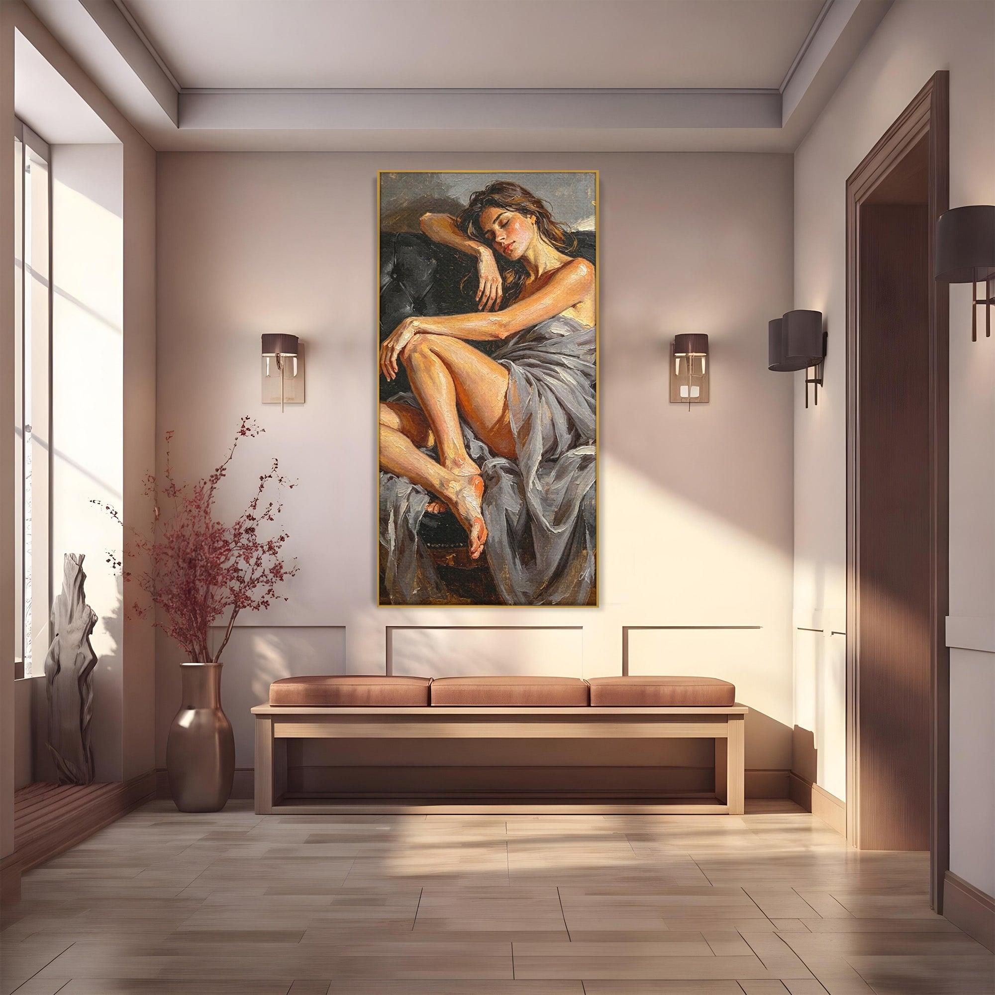 Tablou Canvas Premium LuxCanva® PI1022, Visare Pe Canapea, Femeie, Portret, Relaxare, Dormitor, Arta, Culori Vibrante