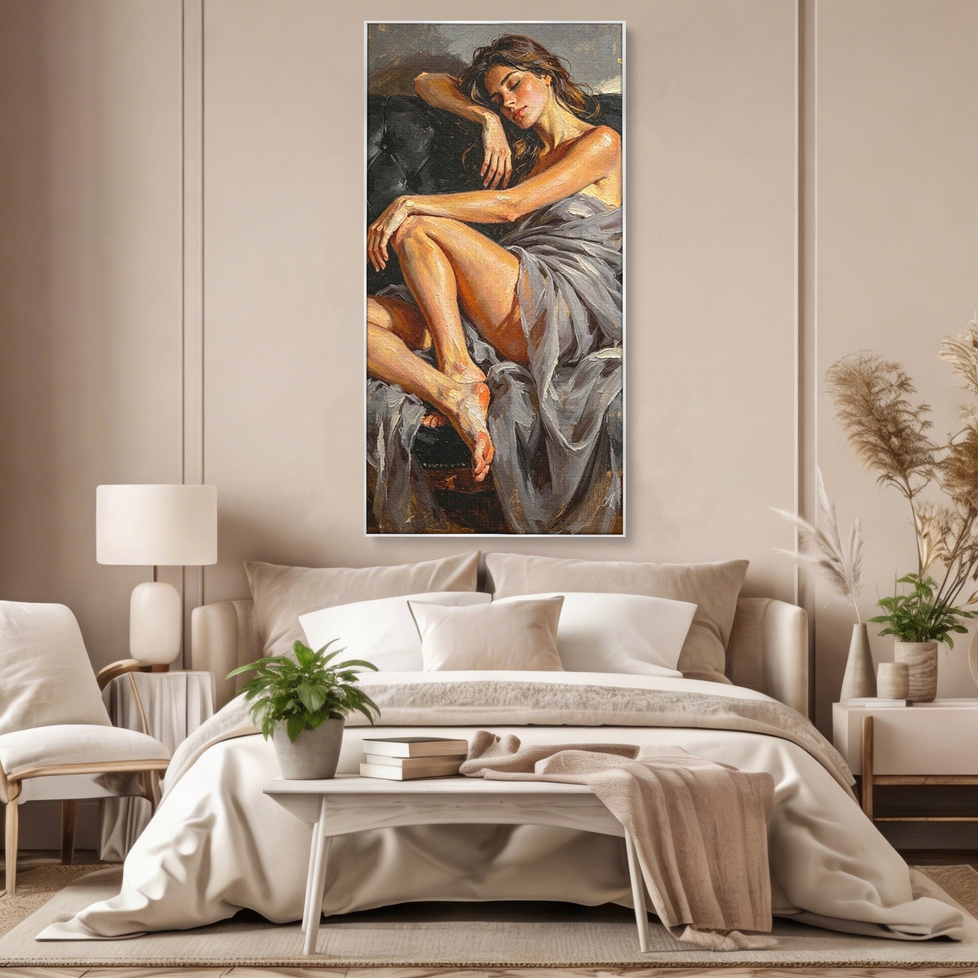 Tablou Canvas Premium LuxCanva® PI1022, Visare Pe Canapea, Femeie, Portret, Relaxare, Dormitor, Arta, Culori Vibrante
