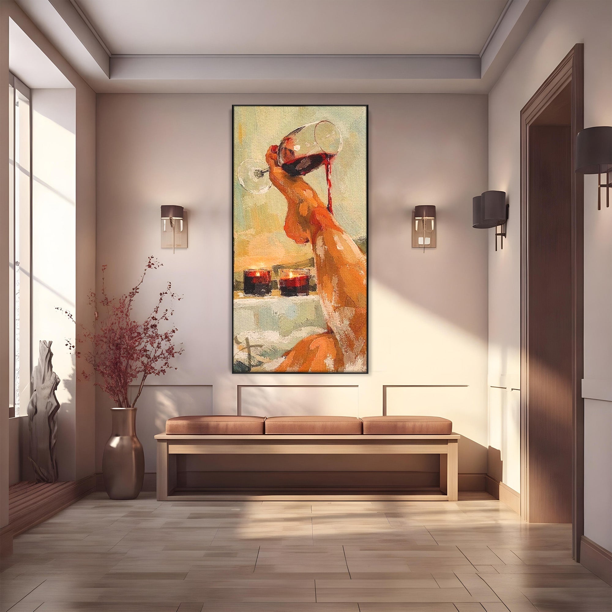 Tablou Canvas Premium LuxCanva® PI1023, Relaxare In Cada, Cada, Vin, Relaxare, Baie, Living, Culori Vibrante