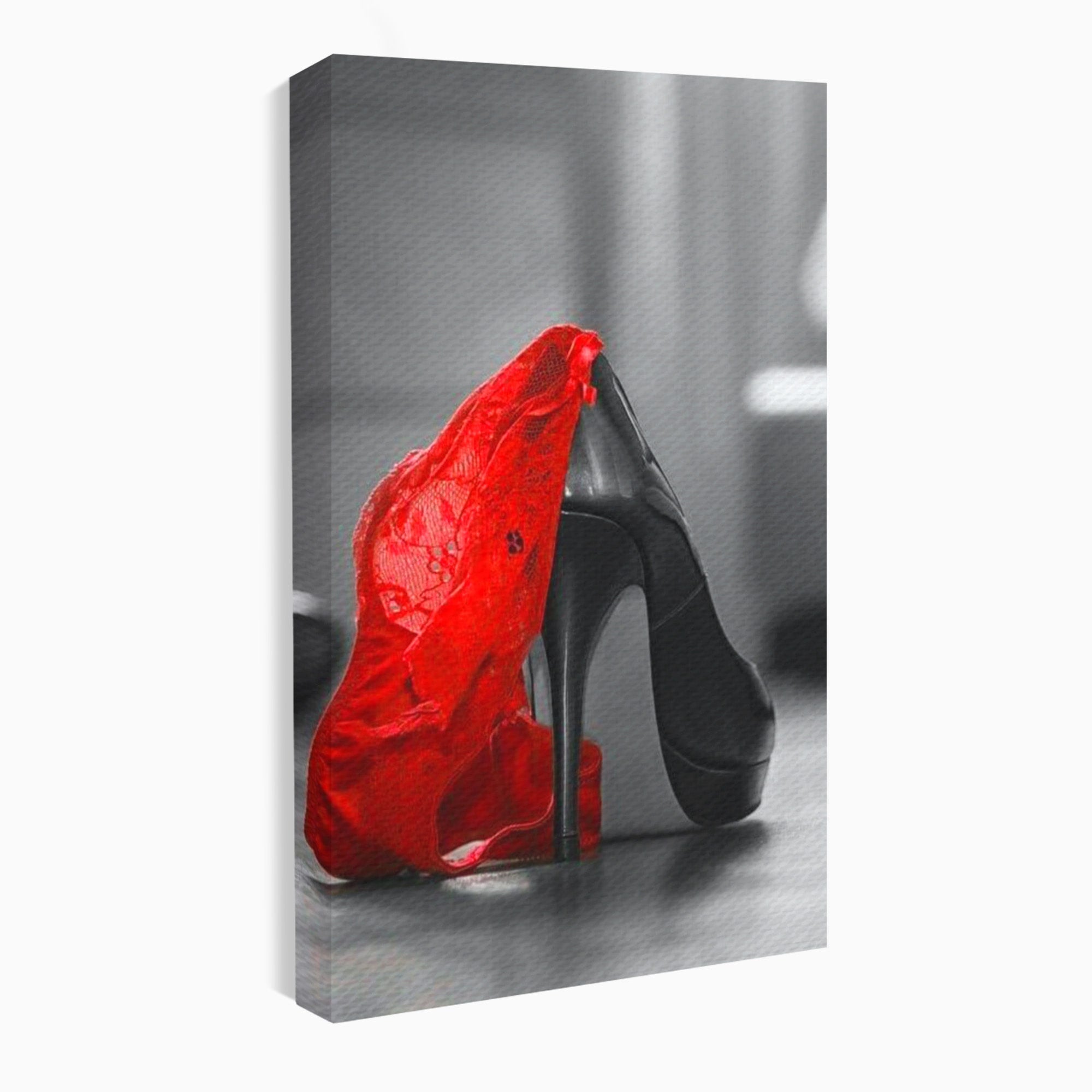 Tablou Canvas Premium LuxCanva® PI1026, Stiletto Rosu, Pantof, Lingerie, Eleganta, Dormitor, Seductie, Culori Vibrante