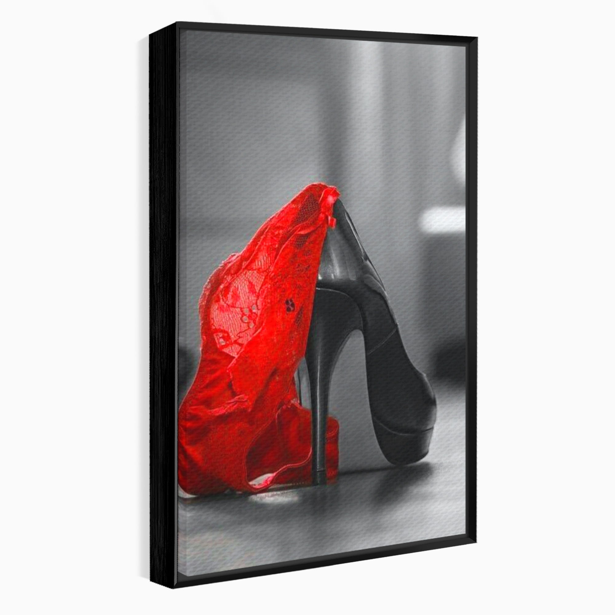 Tablou Canvas Premium LuxCanva® PI1026, Stiletto Rosu, Pantof, Lingerie, Eleganta, Dormitor, Seductie, Culori Vibrante