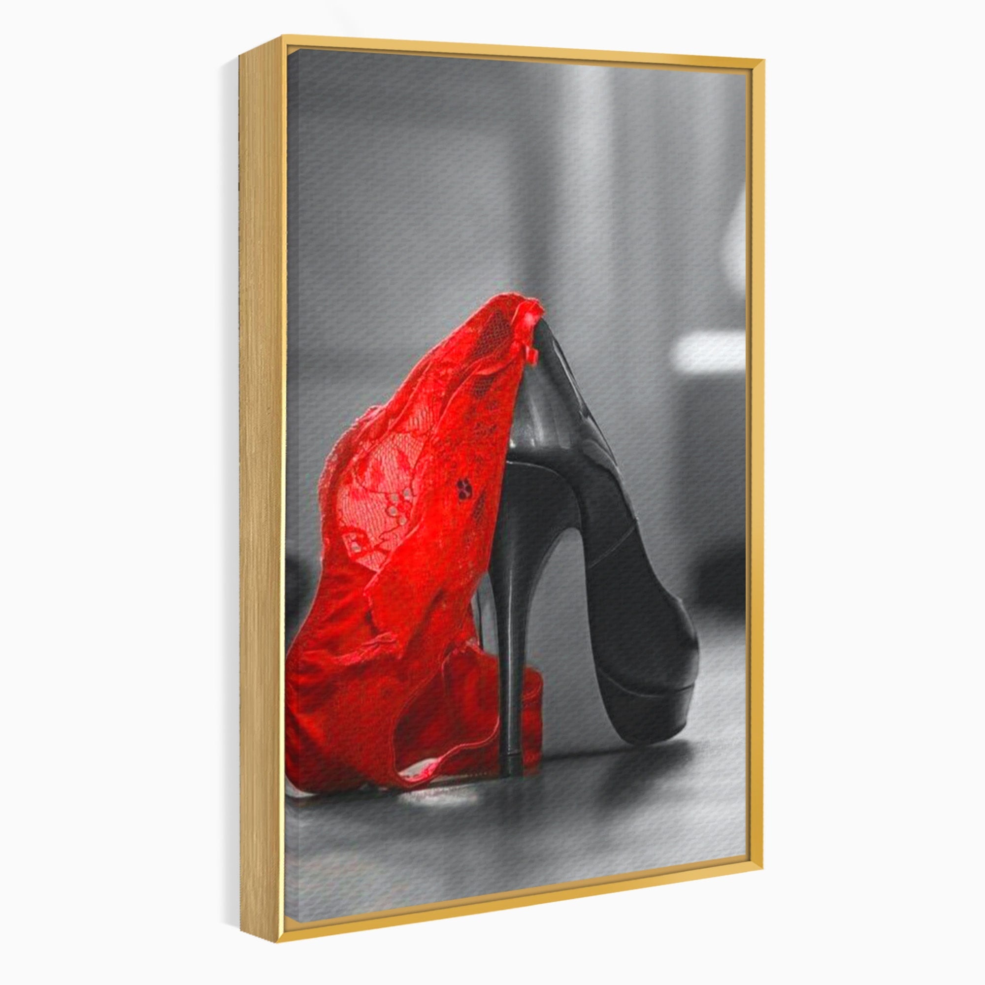 Tablou Canvas Premium LuxCanva® PI1026, Stiletto Rosu, Pantof, Lingerie, Eleganta, Dormitor, Seductie, Culori Vibrante
