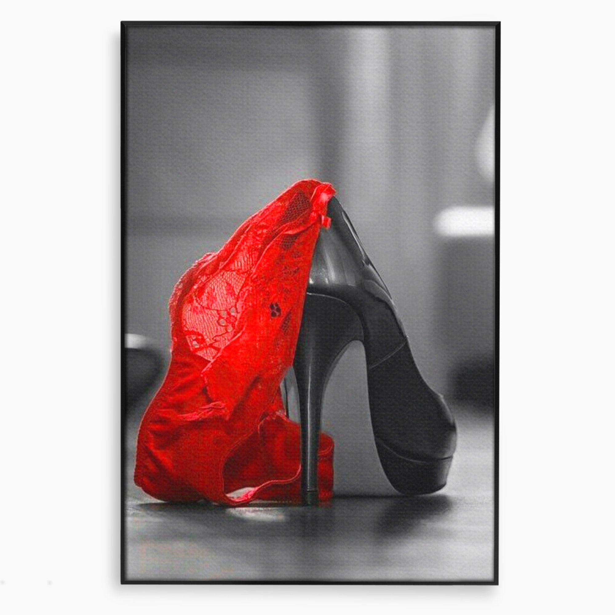 Tablou Canvas Premium LuxCanva® PI1026, Stiletto Rosu, Pantof, Lingerie, Eleganta, Dormitor, Seductie, Culori Vibrante