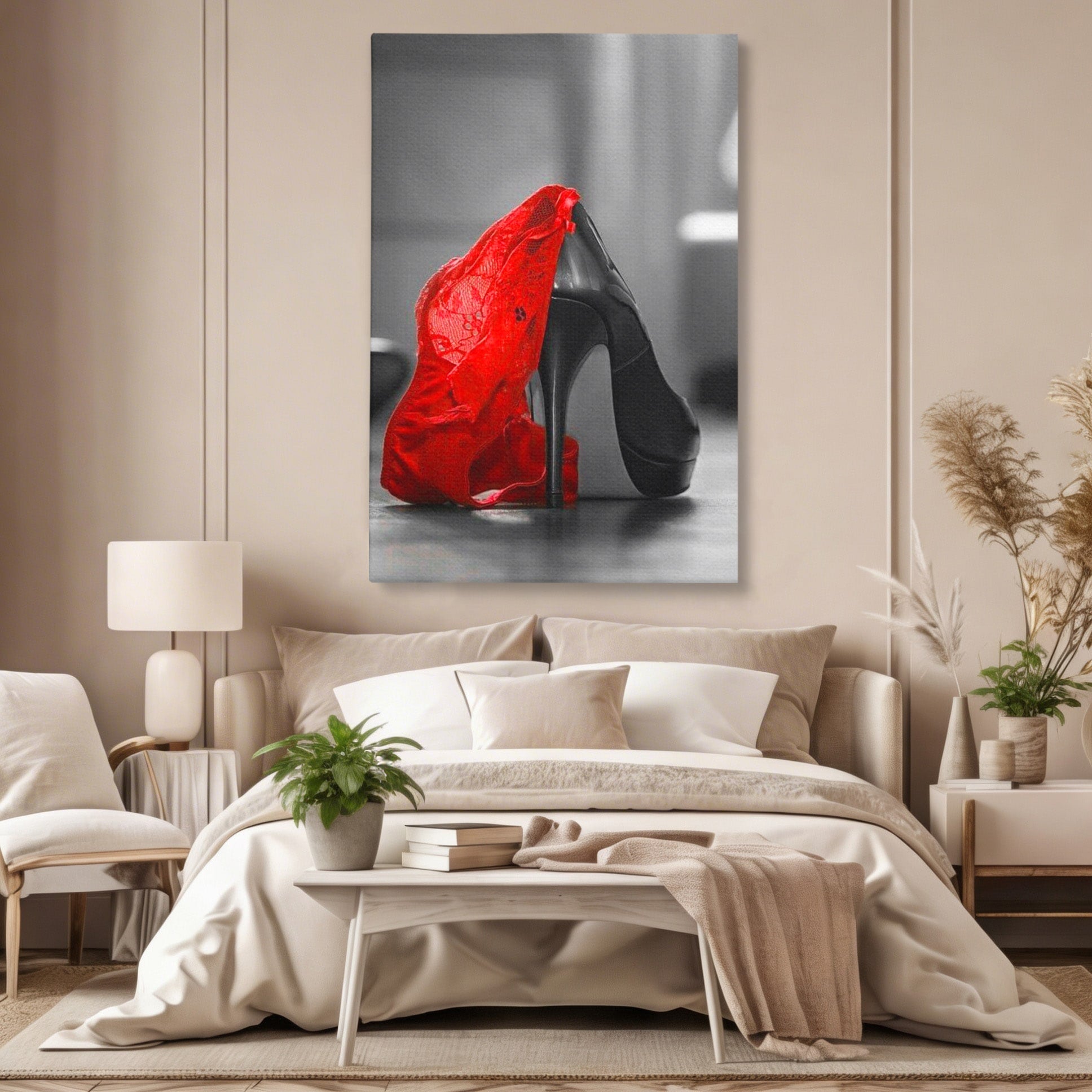 Tablou Canvas Premium LuxCanva® PI1026, Stiletto Rosu, Pantof, Lingerie, Eleganta, Dormitor, Seductie, Culori Vibrante