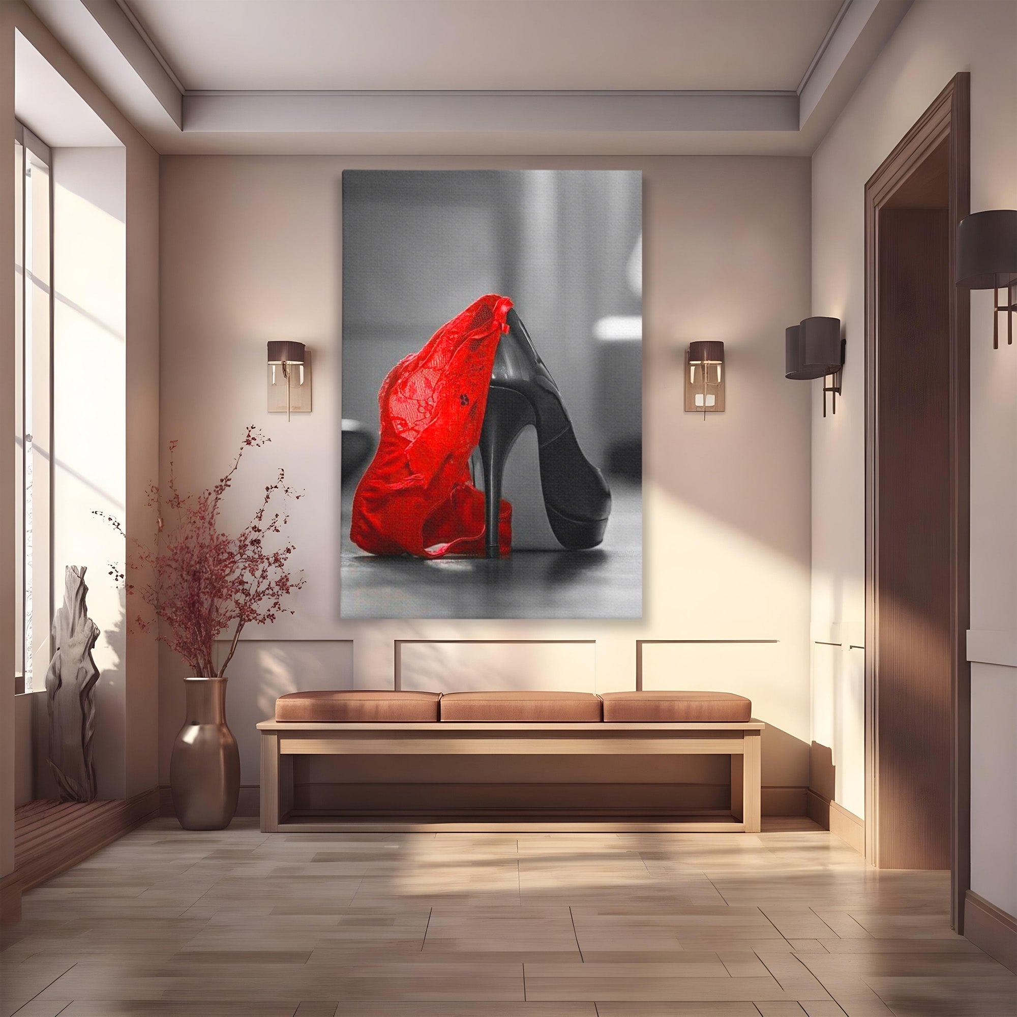 Tablou Canvas Premium LuxCanva® PI1026, Stiletto Rosu, Pantof, Lingerie, Eleganta, Dormitor, Seductie, Culori Vibrante