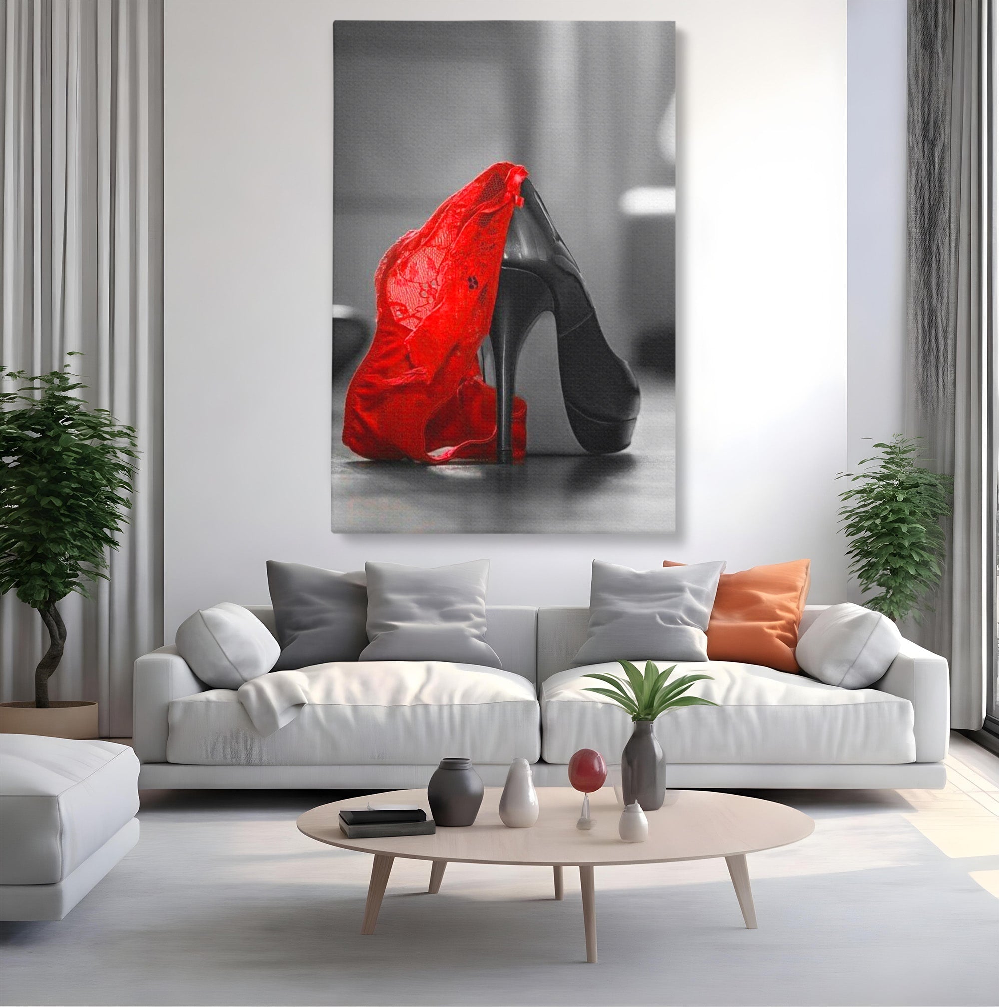 Tablou Canvas Premium LuxCanva® PI1026, Stiletto Rosu, Pantof, Lingerie, Eleganta, Dormitor, Seductie, Culori Vibrante
