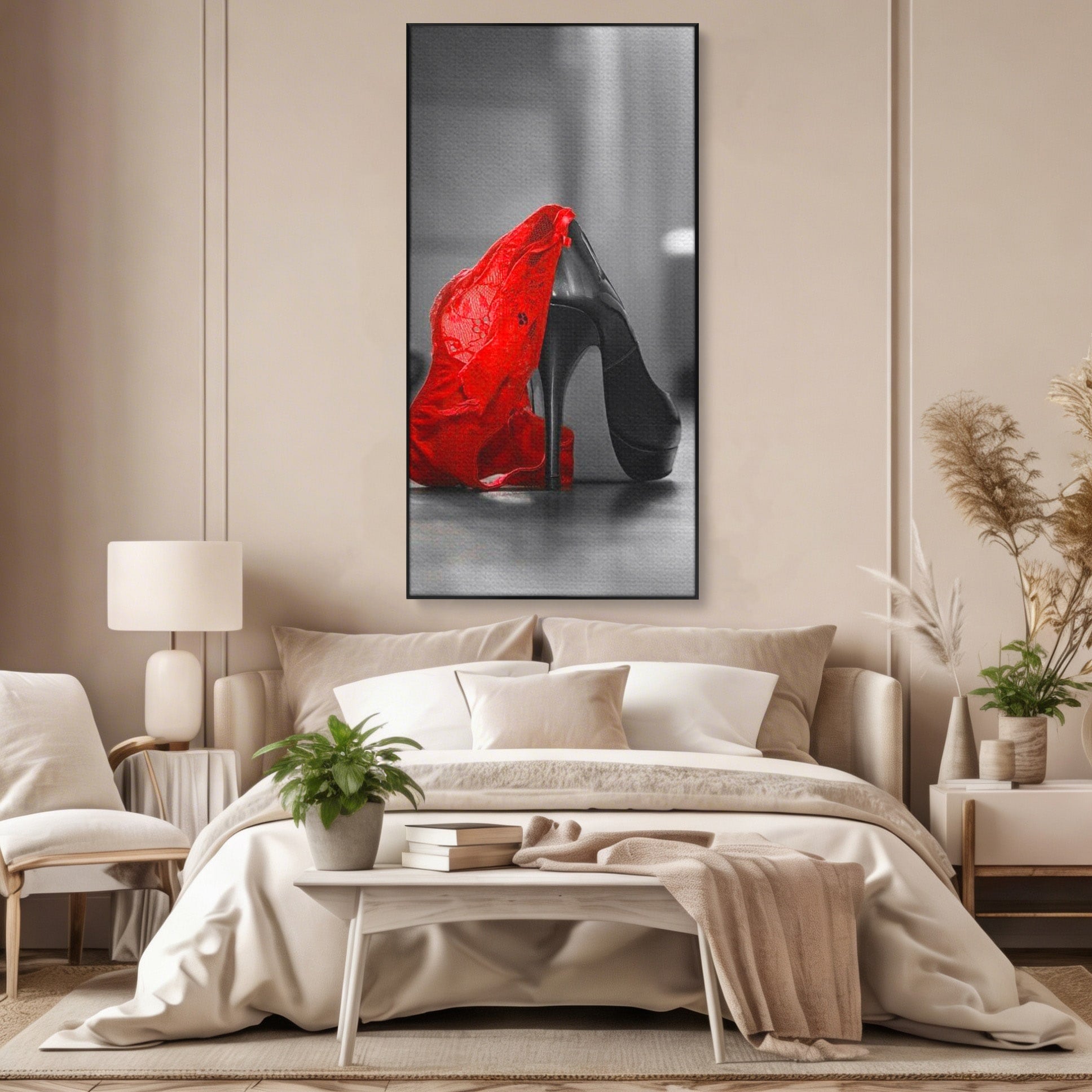 Tablou Canvas Premium LuxCanva® PI1026, Stiletto Rosu, Pantof, Lingerie, Eleganta, Dormitor, Seductie, Culori Vibrante