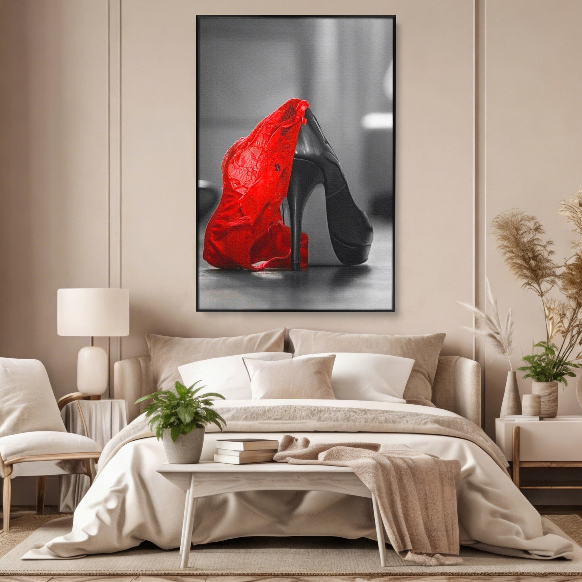 Tablou Canvas Premium LuxCanva® PI1026, Stiletto Rosu, Pantof, Lingerie, Eleganta, Dormitor, Seductie, Culori Vibrante