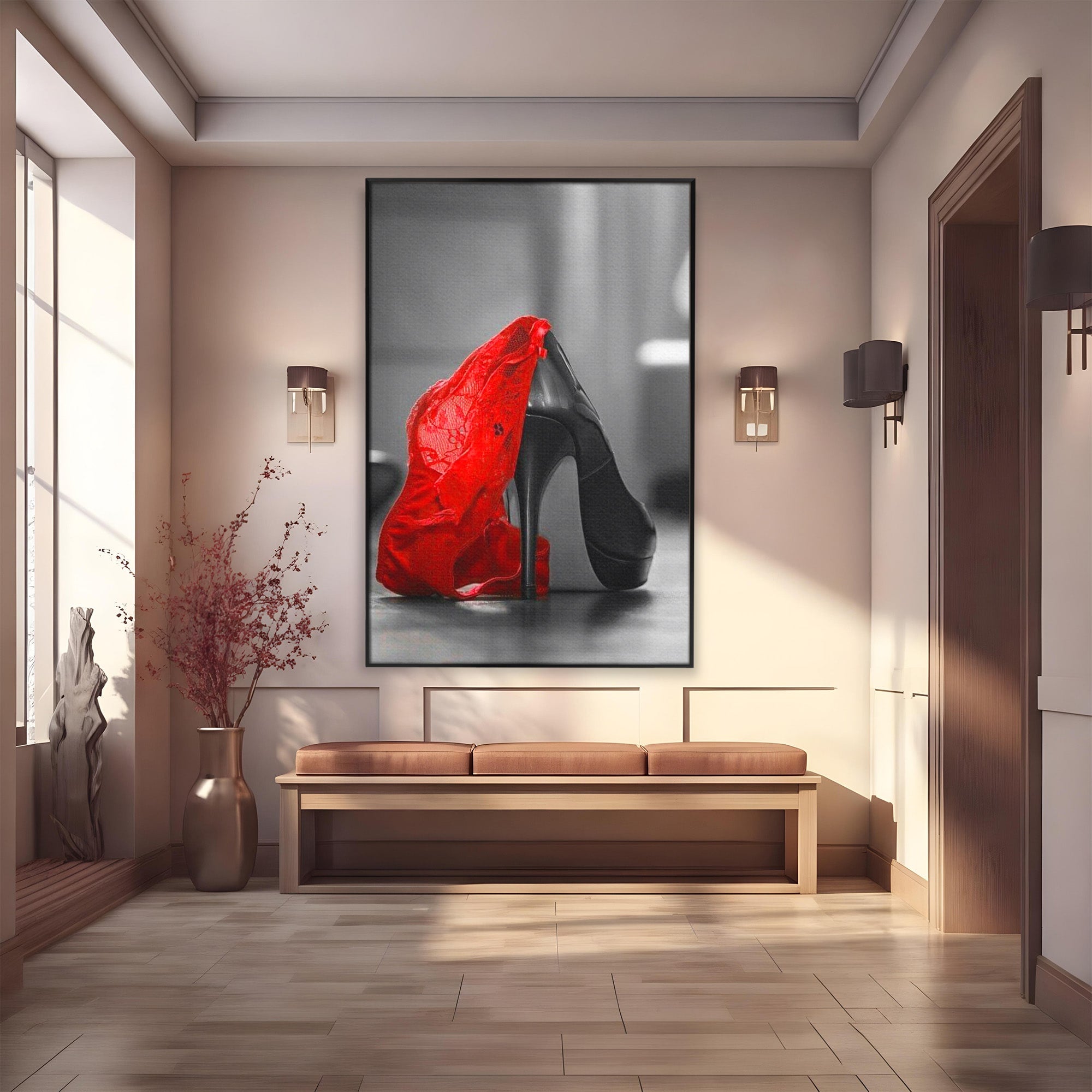 Tablou Canvas Premium LuxCanva® PI1026, Stiletto Rosu, Pantof, Lingerie, Eleganta, Dormitor, Seductie, Culori Vibrante