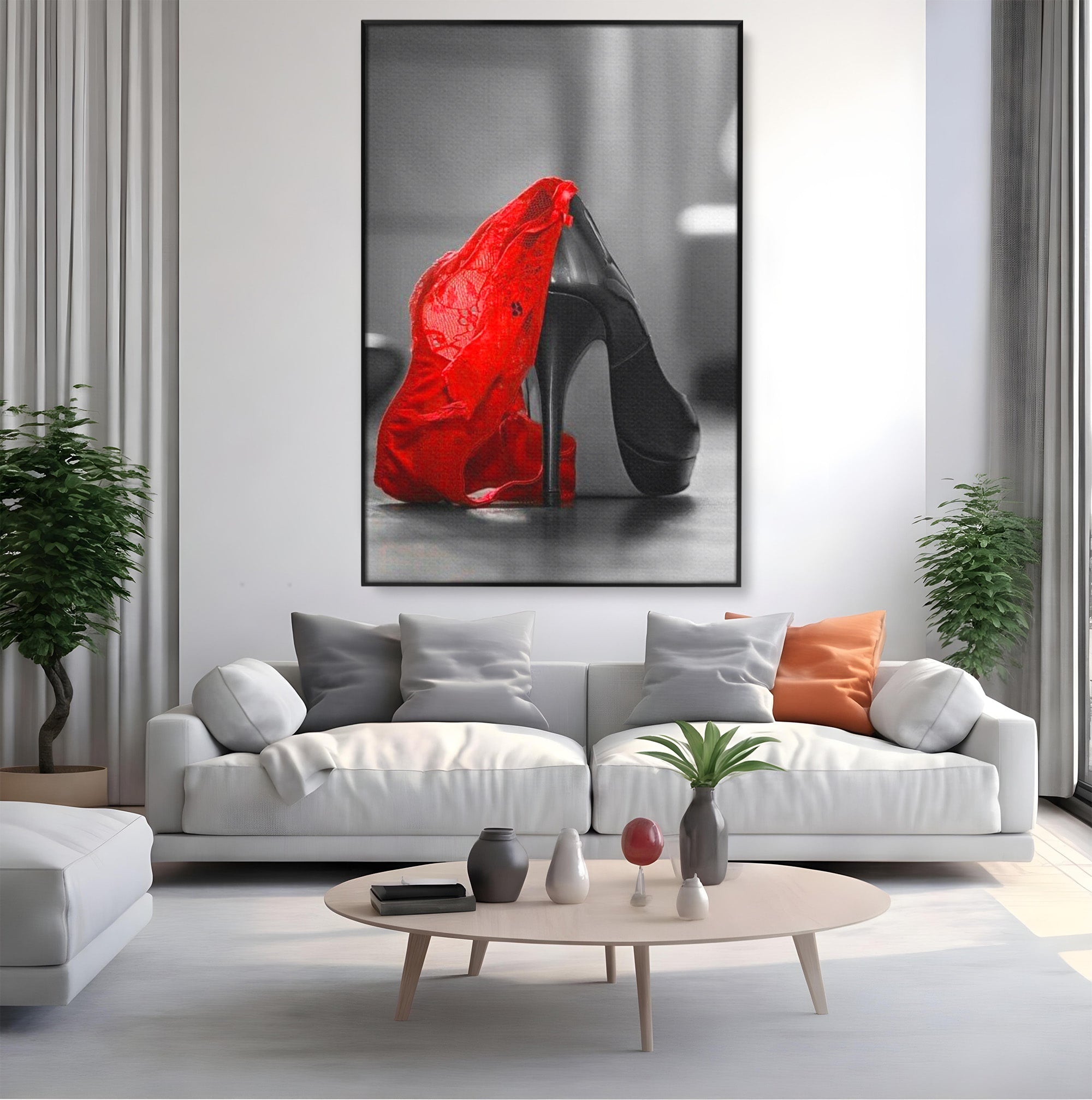 Tablou Canvas Premium LuxCanva® PI1026, Stiletto Rosu, Pantof, Lingerie, Eleganta, Dormitor, Seductie, Culori Vibrante