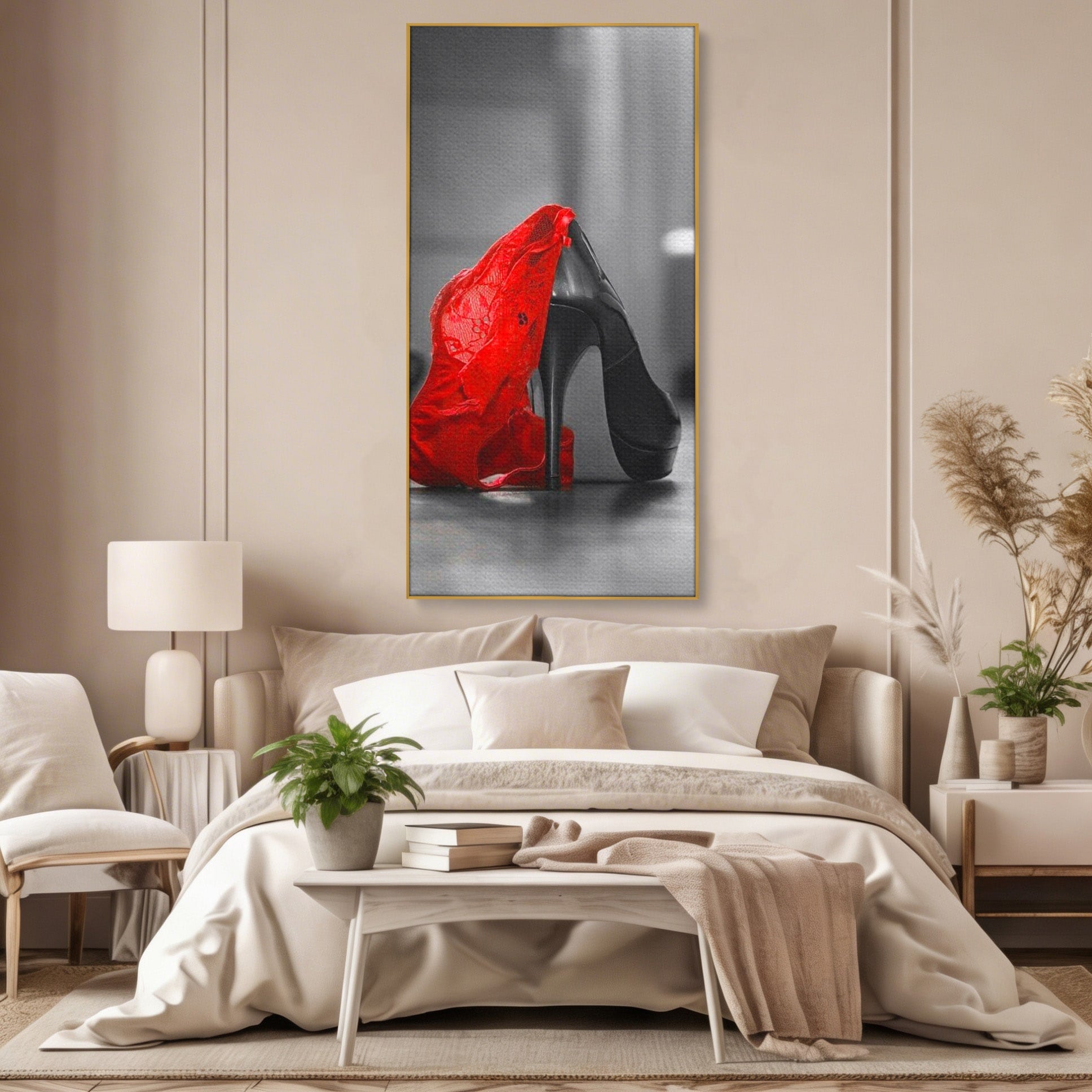 Tablou Canvas Premium LuxCanva® PI1026, Stiletto Rosu, Pantof, Lingerie, Eleganta, Dormitor, Seductie, Culori Vibrante
