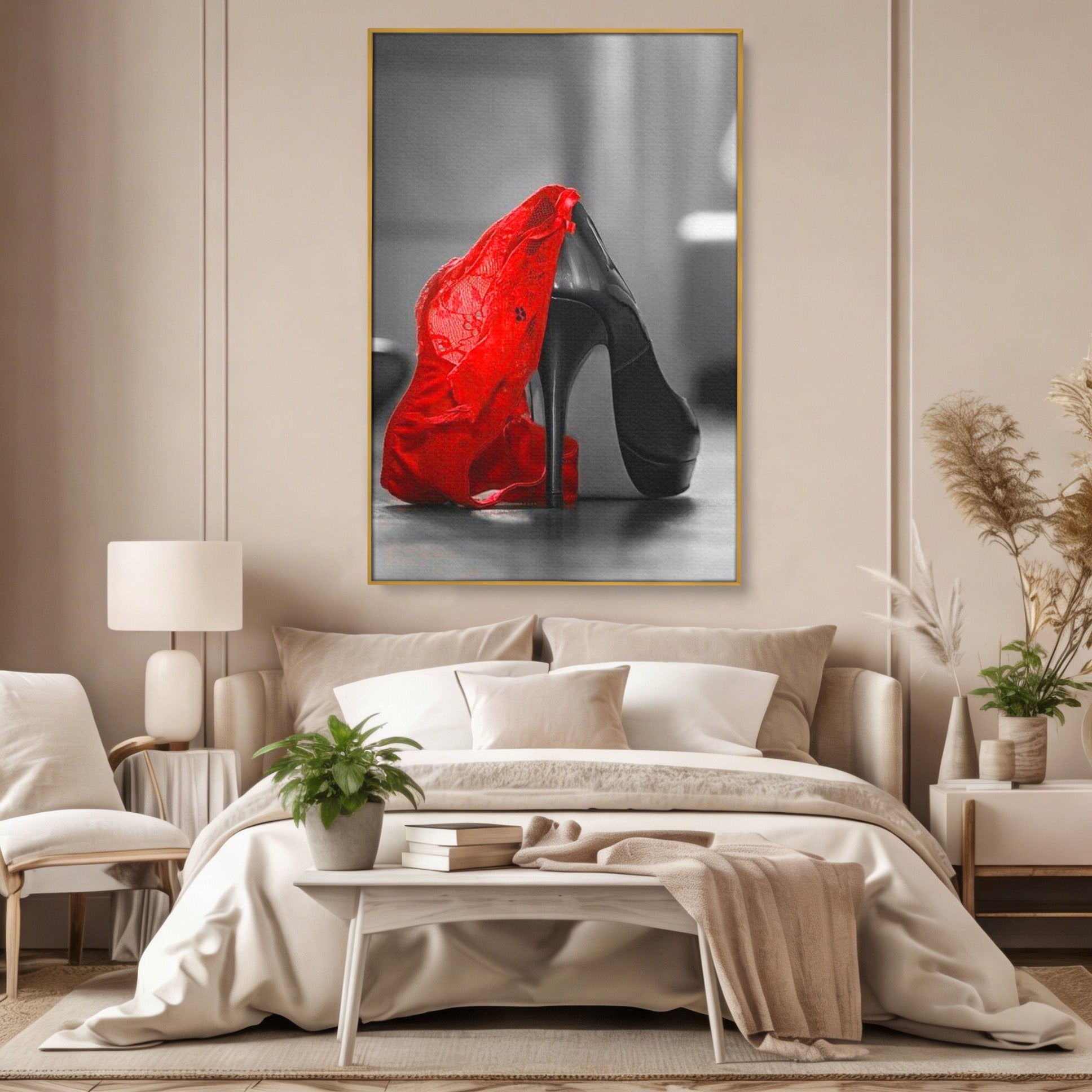 Tablou Canvas Premium LuxCanva® PI1026, Stiletto Rosu, Pantof, Lingerie, Eleganta, Dormitor, Seductie, Culori Vibrante