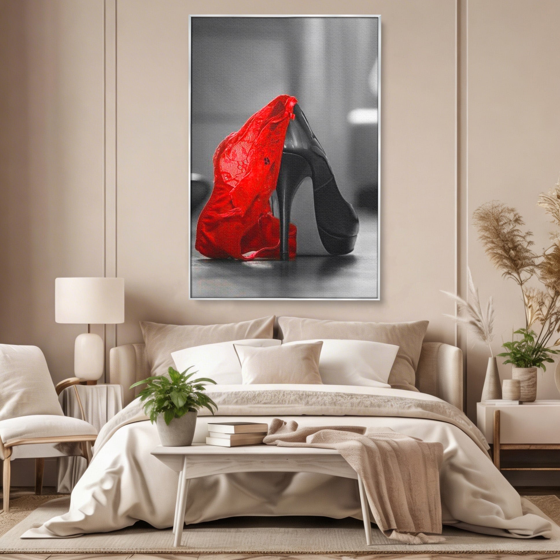 Tablou Canvas Premium LuxCanva® PI1026, Stiletto Rosu, Pantof, Lingerie, Eleganta, Dormitor, Seductie, Culori Vibrante