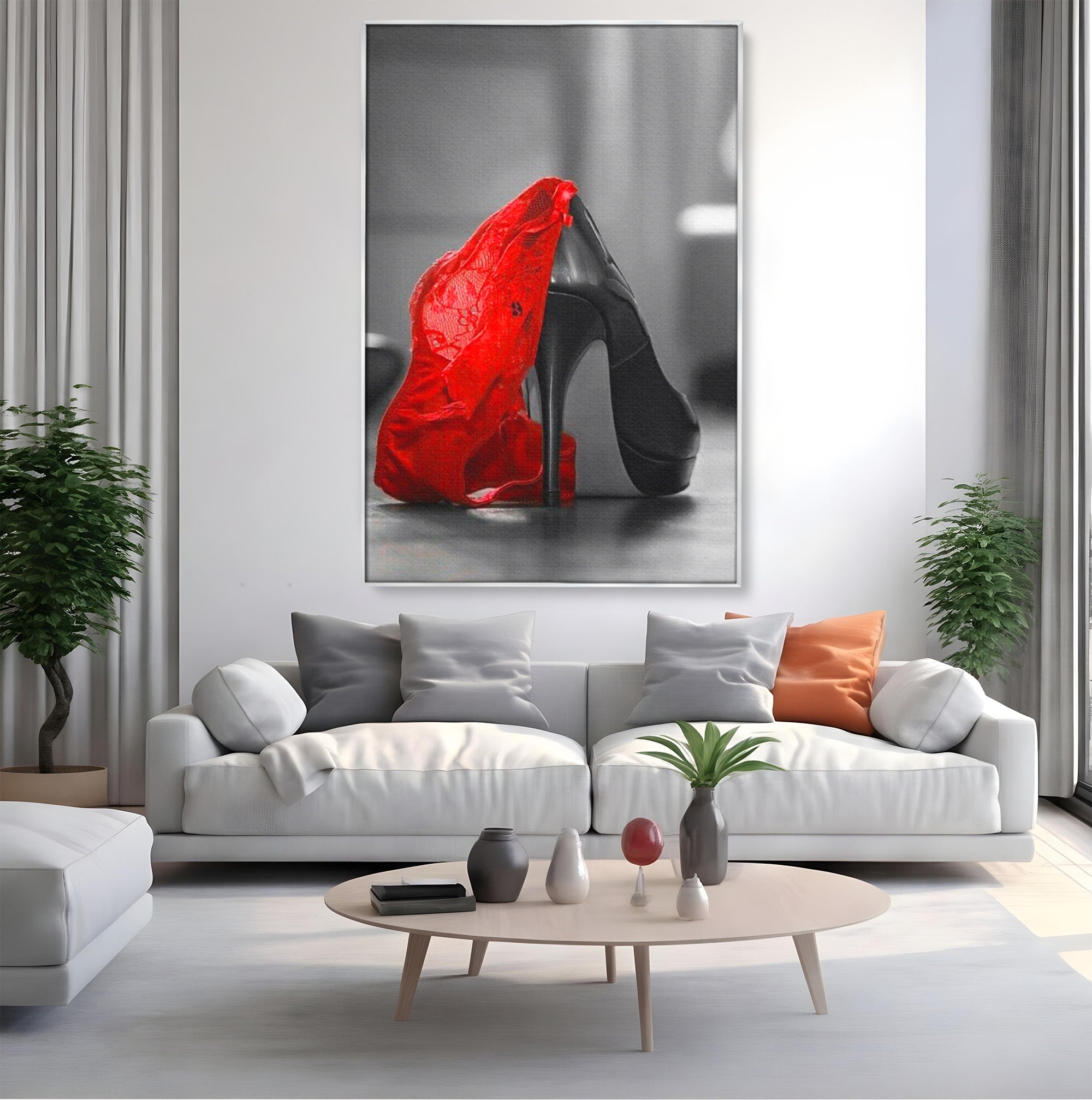 Tablou Canvas Premium LuxCanva® PI1026, Stiletto Rosu, Pantof, Lingerie, Eleganta, Dormitor, Seductie, Culori Vibrante