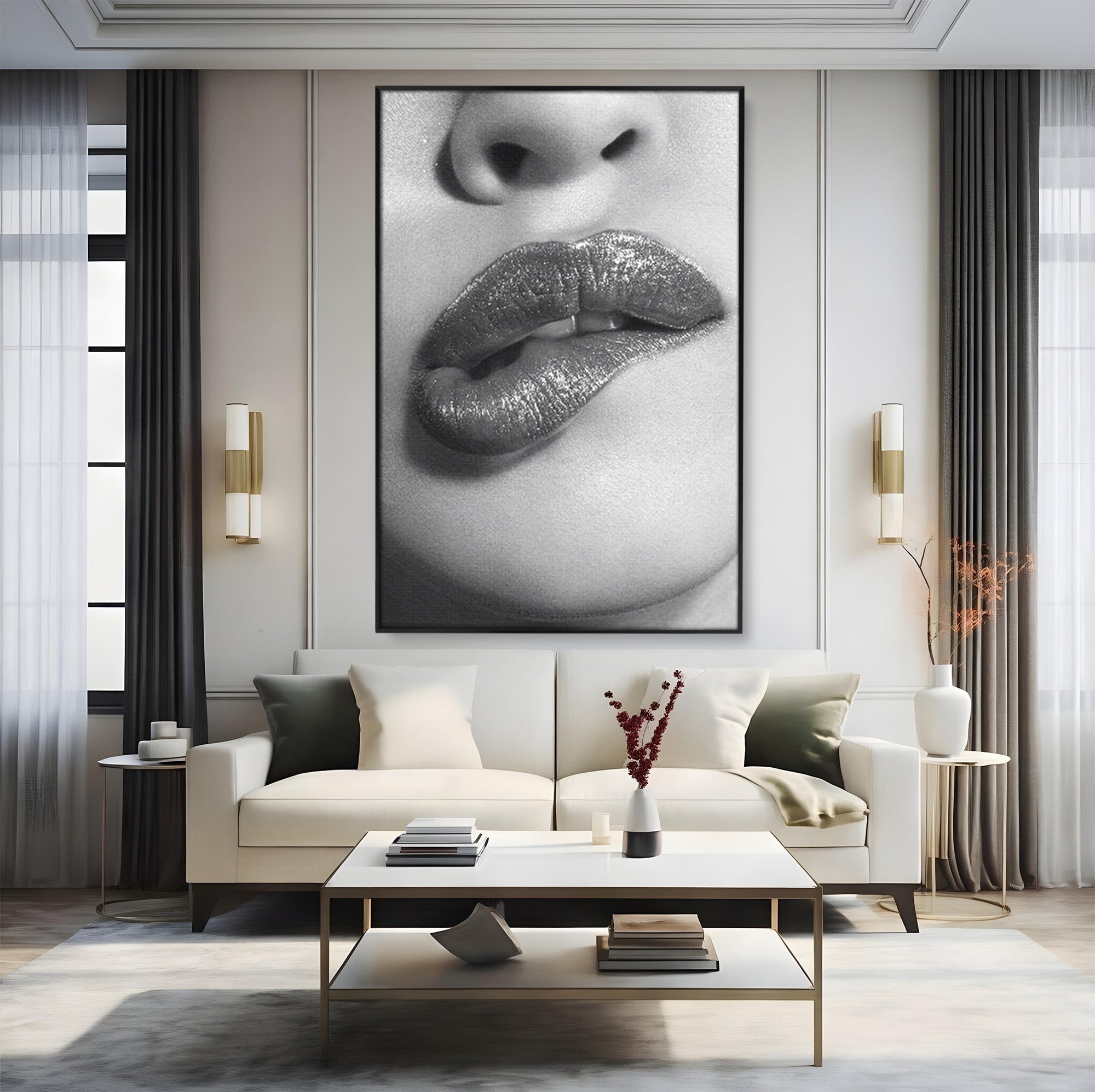 Tablou Canvas Premium LuxCanva® PI1027, Buze Seducatoare, Muscatura, Femeie, Glamour, Dormitor, Living, Culori Vibrante