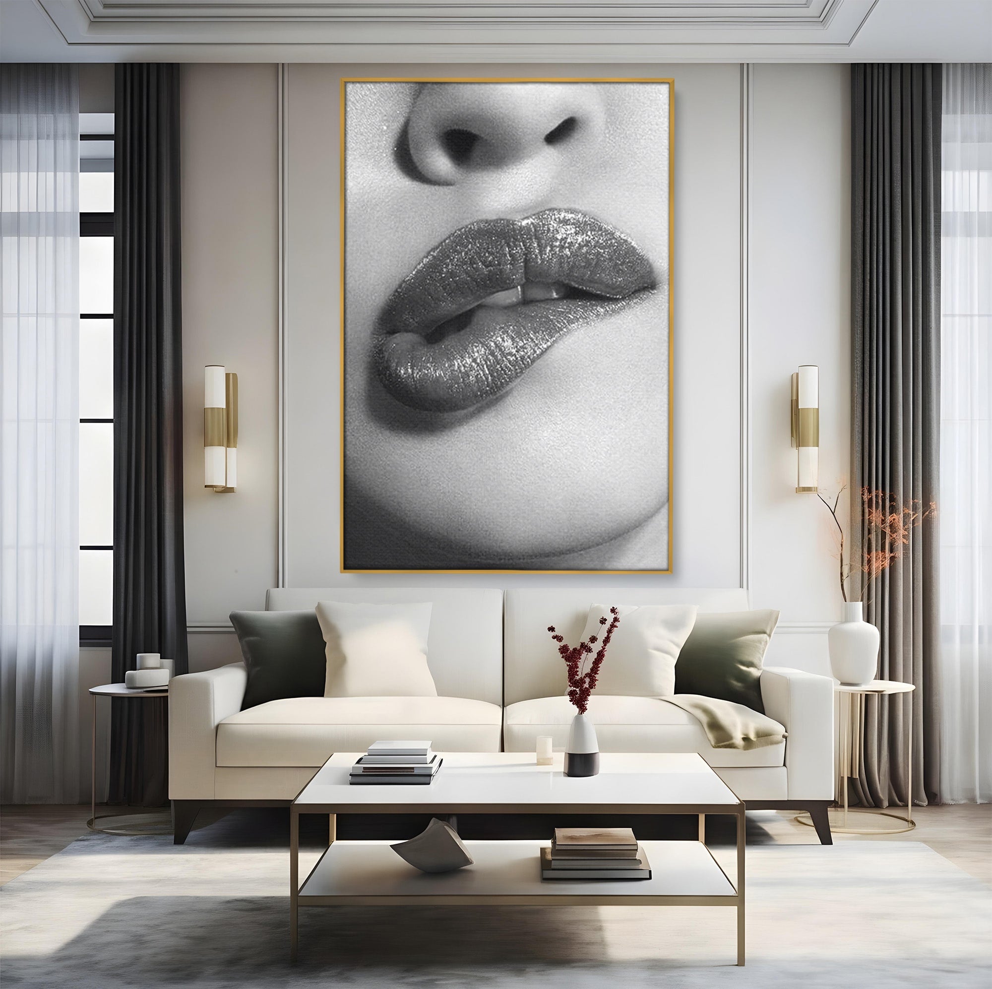 Tablou Canvas Premium LuxCanva® PI1027, Buze Seducatoare, Muscatura, Femeie, Glamour, Dormitor, Living, Culori Vibrante