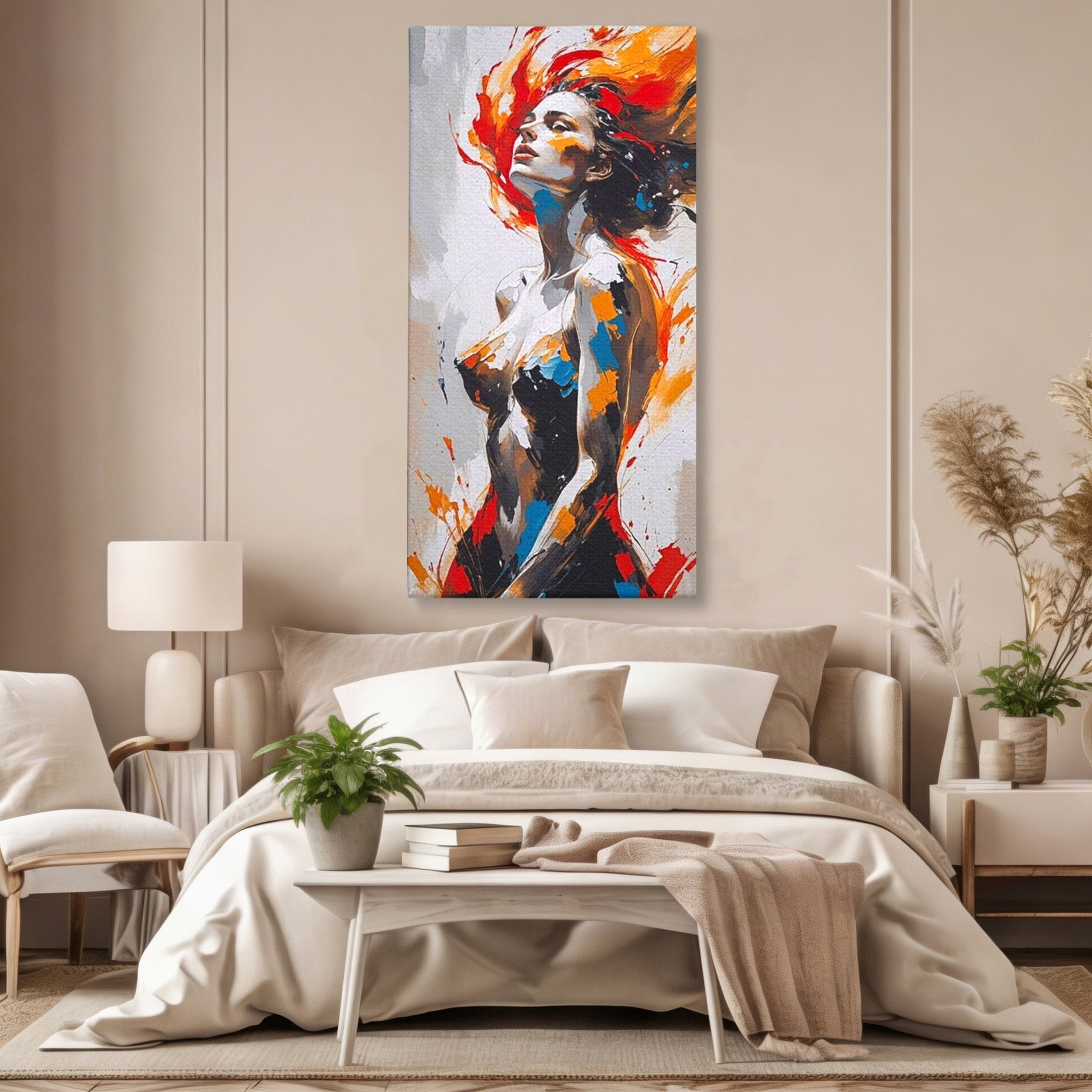 Tablou Canvas Premium LuxCanva® PI1029, Femeie In Flacari, Femeie, Corp, Nuditate, Arta Abstracta, Emotie, Living, Culori Vibrante