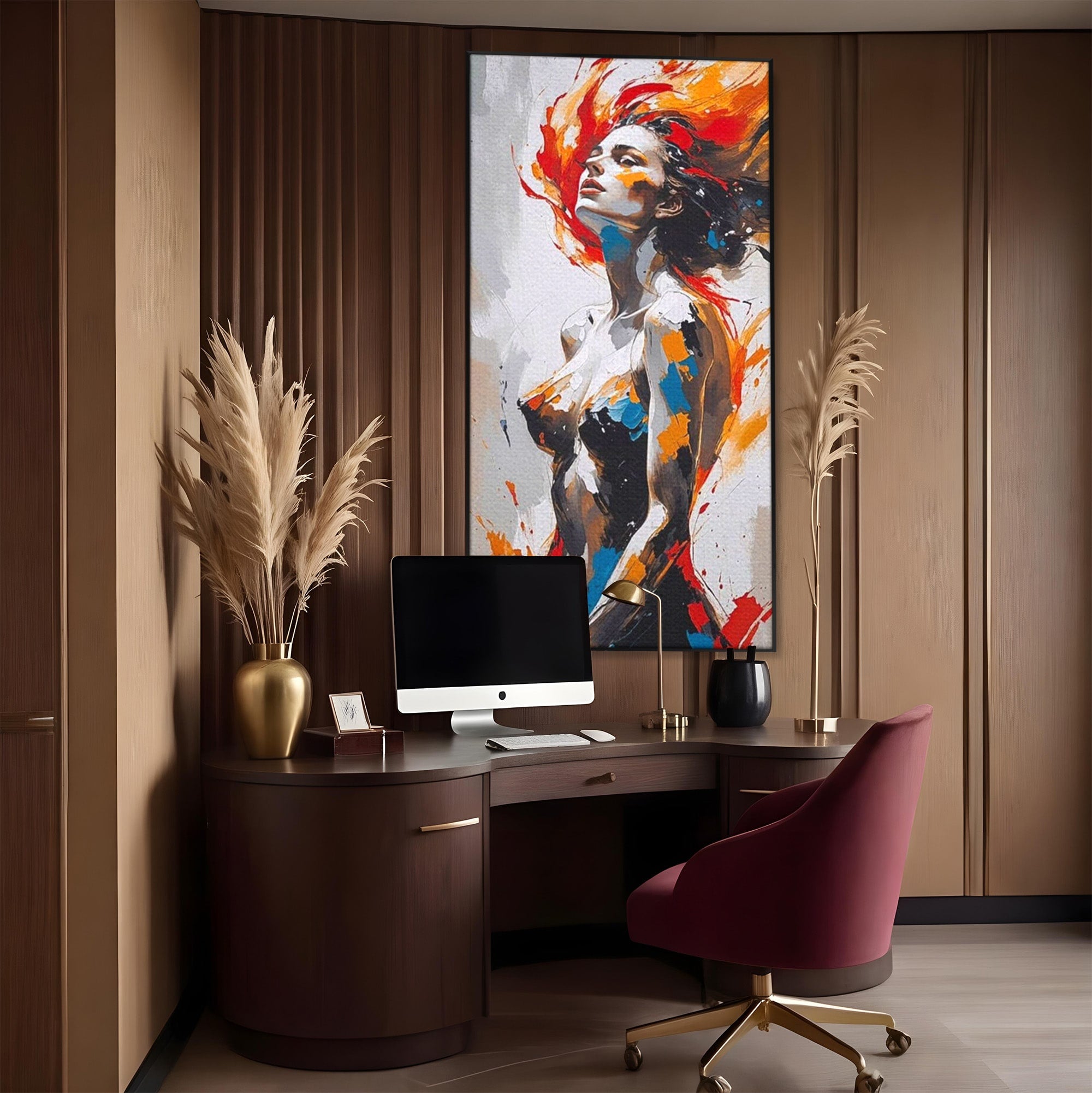 Tablou Canvas Premium LuxCanva® PI1029, Femeie In Flacari, Femeie, Corp, Nuditate, Arta Abstracta, Emotie, Living, Culori Vibrante
