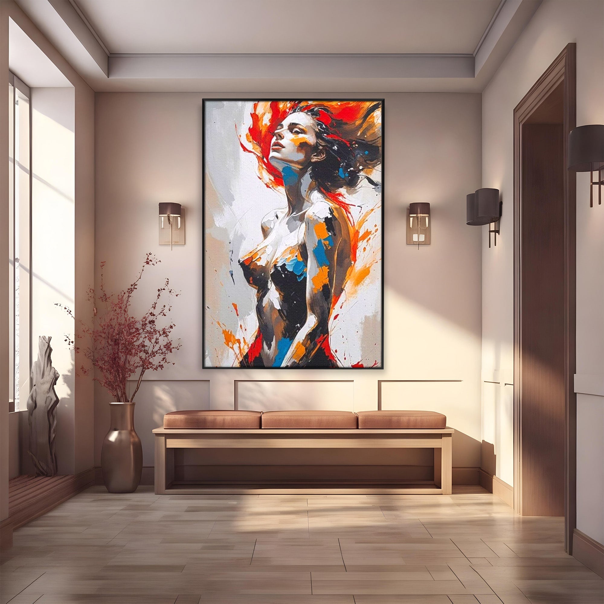 Tablou Canvas Premium LuxCanva® PI1029, Femeie In Flacari, Femeie, Corp, Nuditate, Arta Abstracta, Emotie, Living, Culori Vibrante