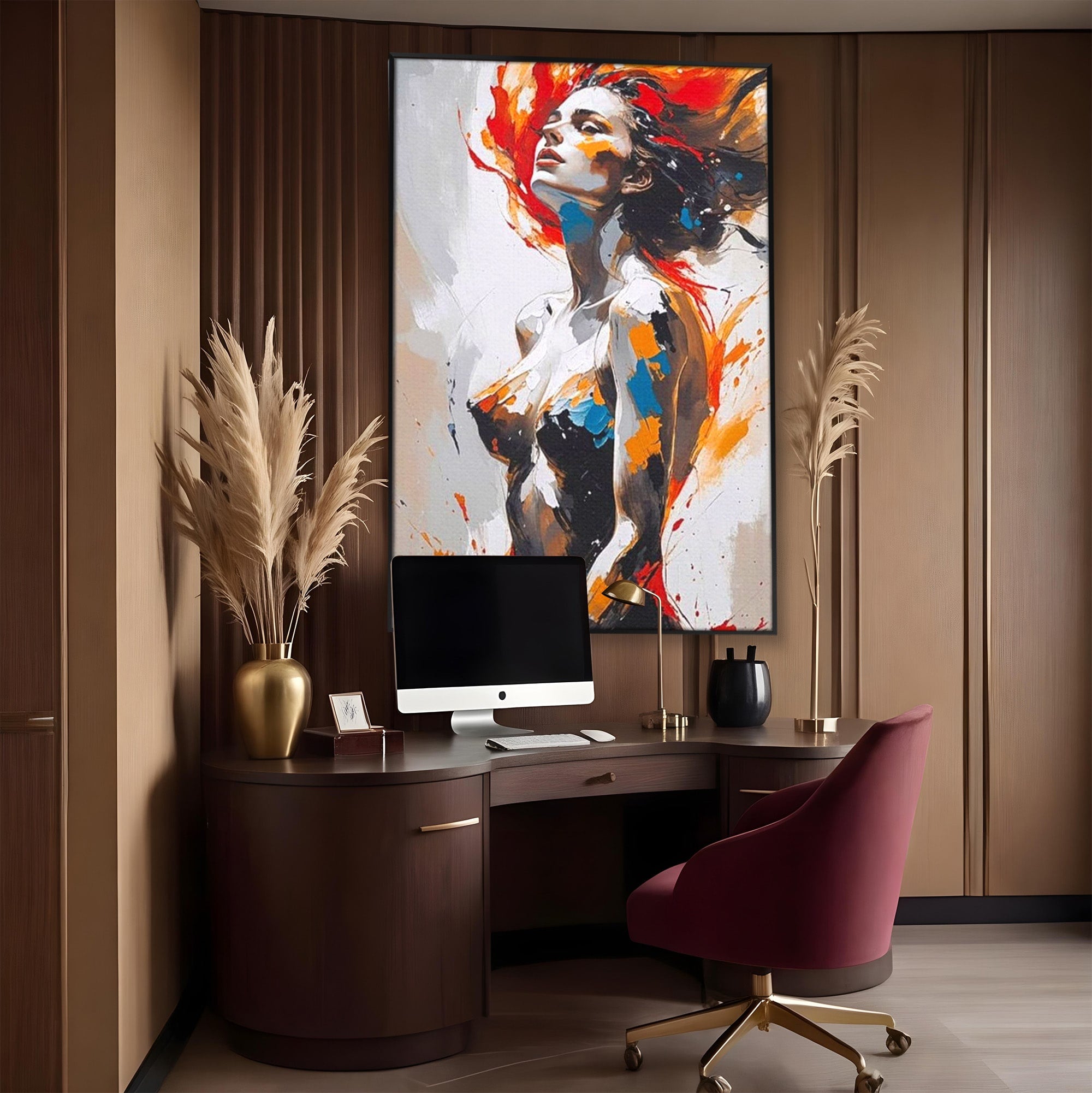 Tablou Canvas Premium LuxCanva® PI1029, Femeie In Flacari, Femeie, Corp, Nuditate, Arta Abstracta, Emotie, Living, Culori Vibrante