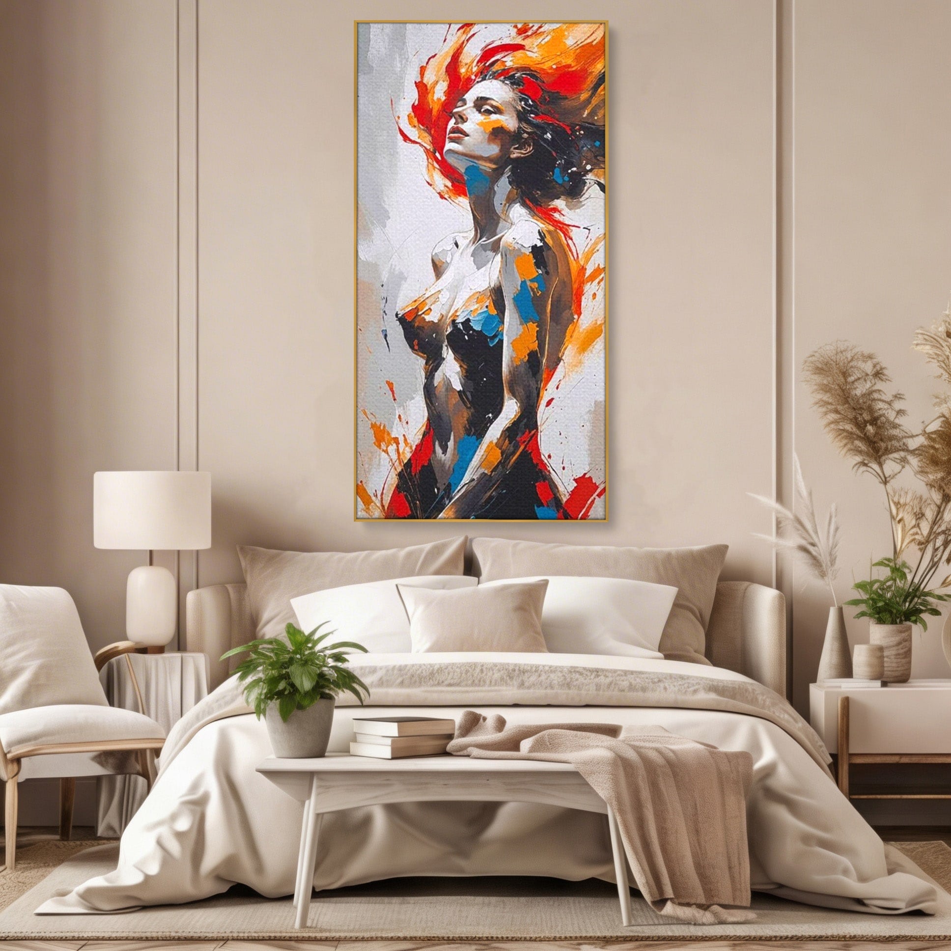 Tablou Canvas Premium LuxCanva® PI1029, Femeie In Flacari, Femeie, Corp, Nuditate, Arta Abstracta, Emotie, Living, Culori Vibrante