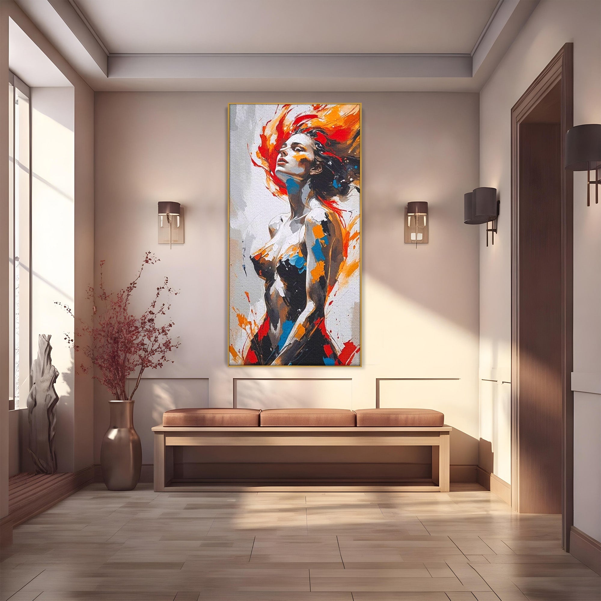 Tablou Canvas Premium LuxCanva® PI1029, Femeie In Flacari, Femeie, Corp, Nuditate, Arta Abstracta, Emotie, Living, Culori Vibrante
