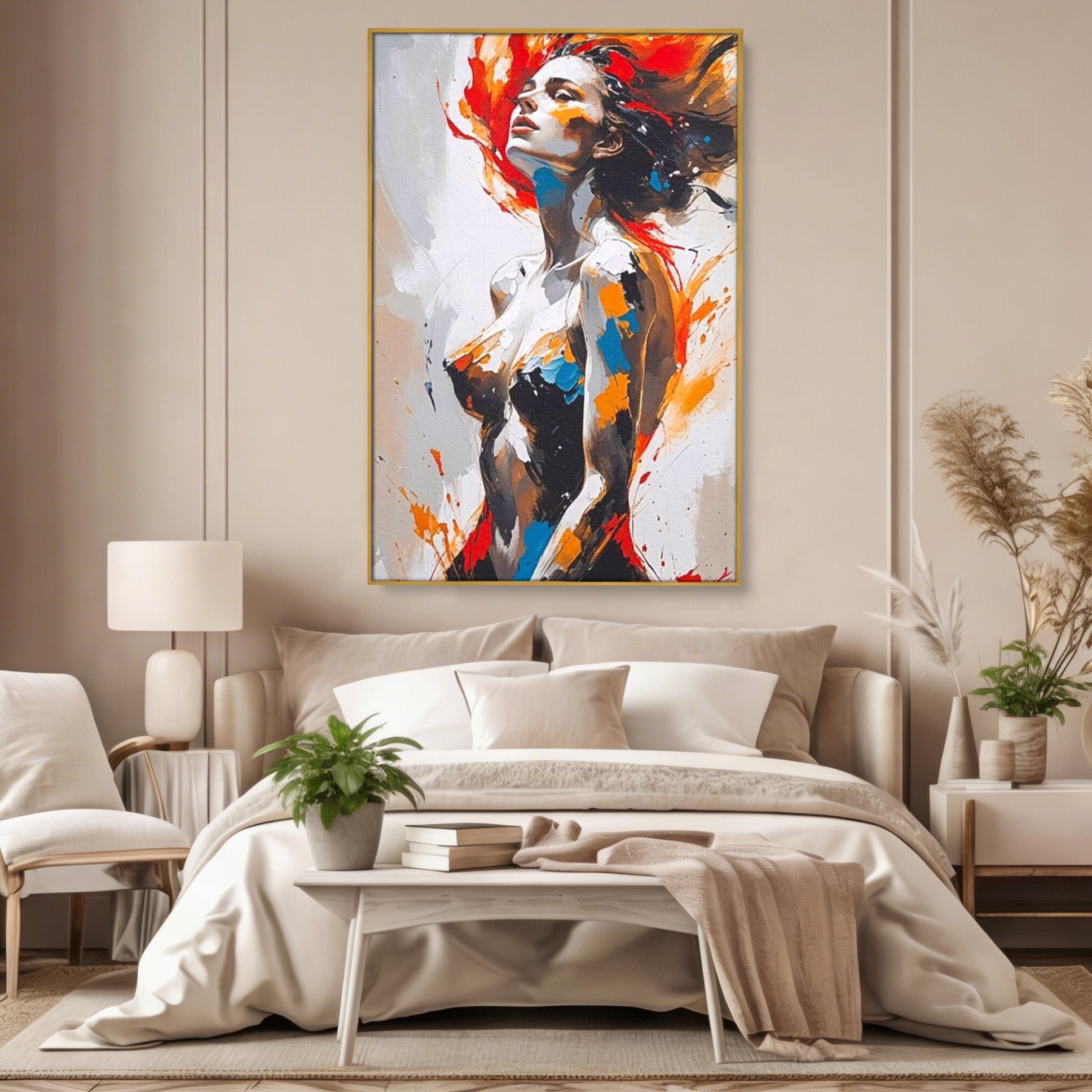 Tablou Canvas Premium LuxCanva® PI1029, Femeie In Flacari, Femeie, Corp, Nuditate, Arta Abstracta, Emotie, Living, Culori Vibrante