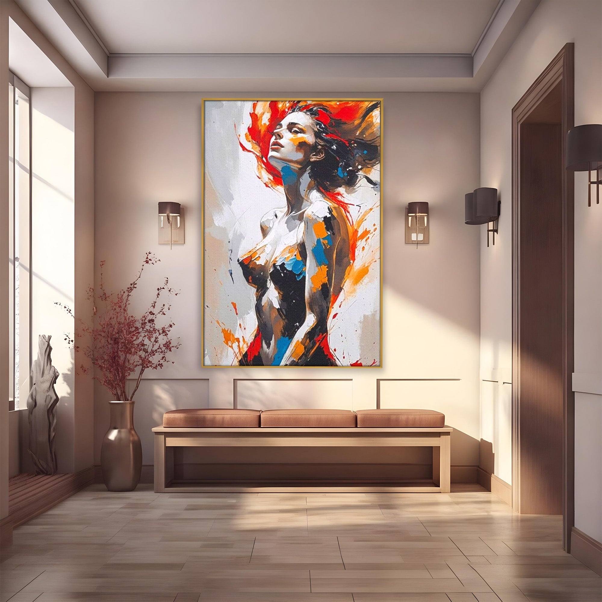 Tablou Canvas Premium LuxCanva® PI1029, Femeie In Flacari, Femeie, Corp, Nuditate, Arta Abstracta, Emotie, Living, Culori Vibrante
