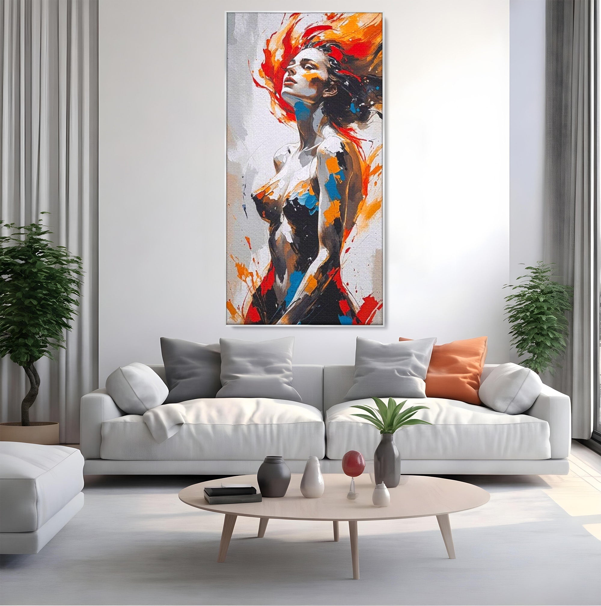 Tablou Canvas Premium LuxCanva® PI1029, Femeie In Flacari, Femeie, Corp, Nuditate, Arta Abstracta, Emotie, Living, Culori Vibrante