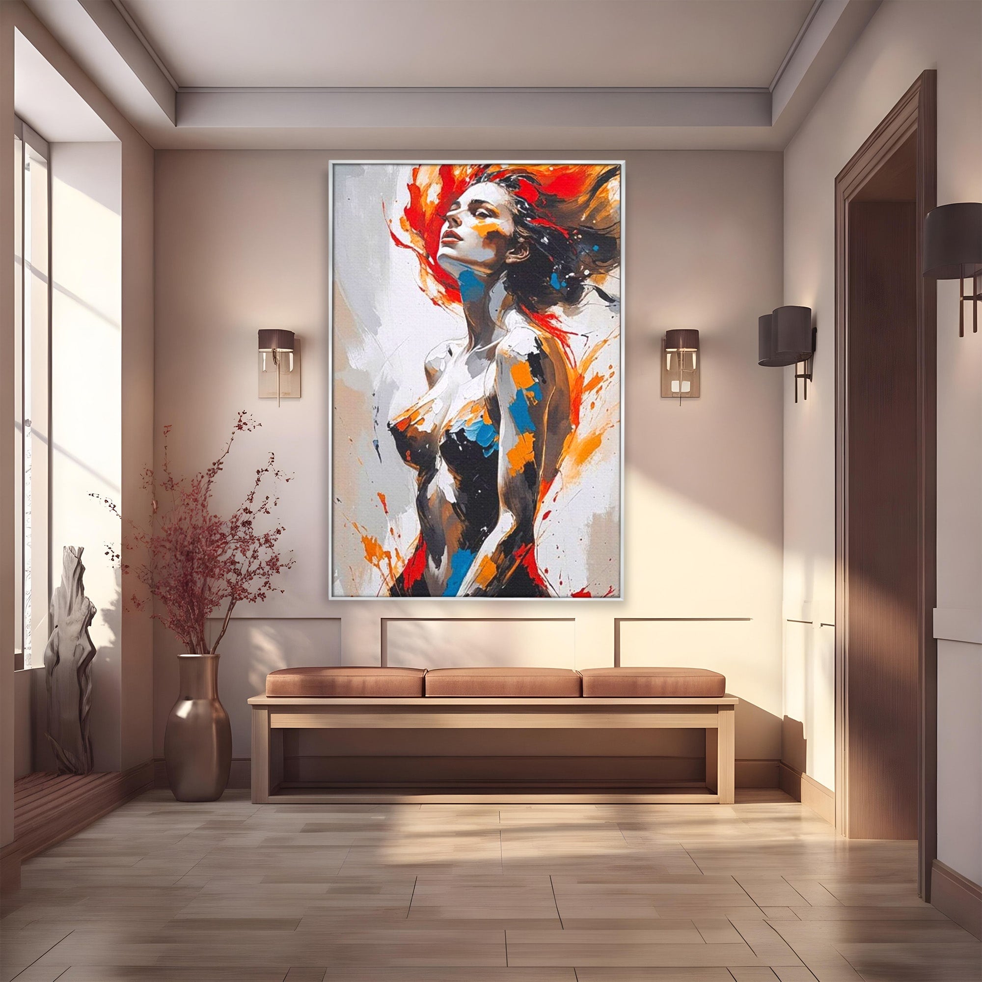 Tablou Canvas Premium LuxCanva® PI1029, Femeie In Flacari, Femeie, Corp, Nuditate, Arta Abstracta, Emotie, Living, Culori Vibrante
