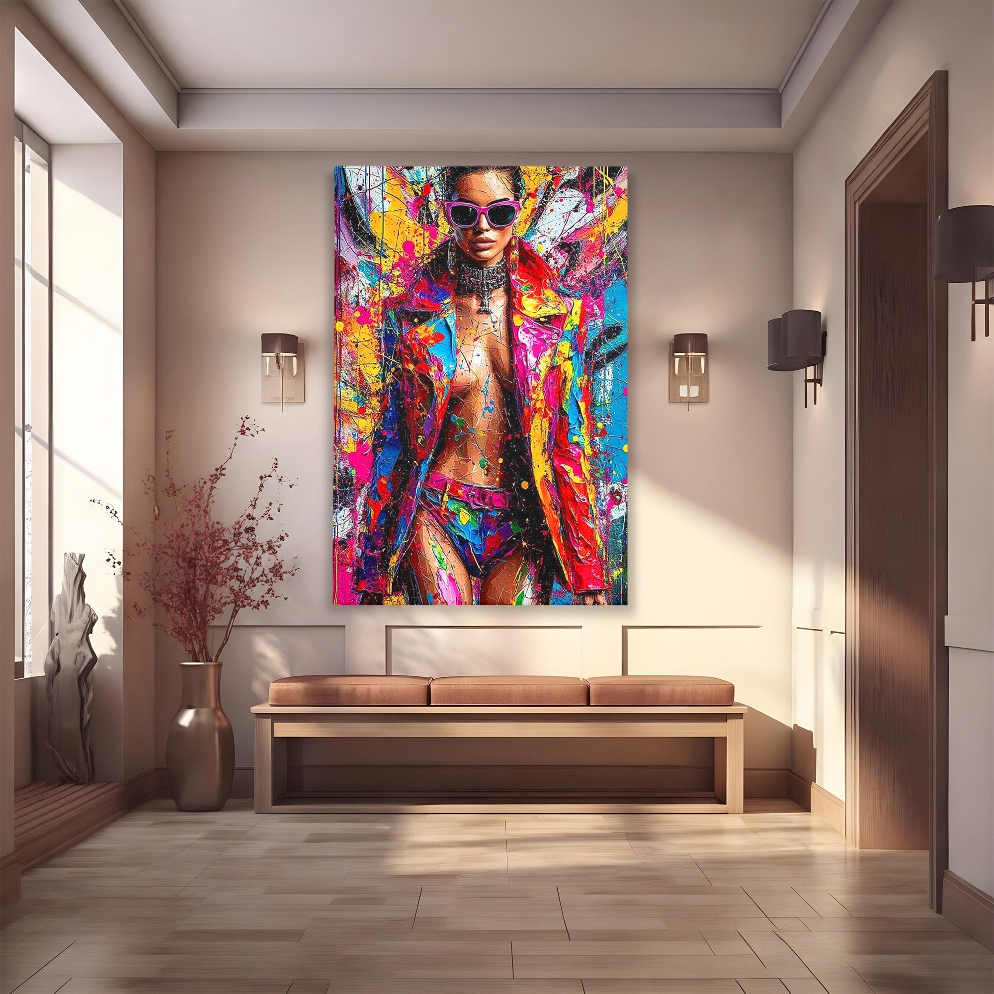 Tablou Canvas Premium LuxCanva® PI1030, Femeie Fashion Abstracta, Podium, Moda, Abstract, Arta Contemporana, Living, Culori Vibrante